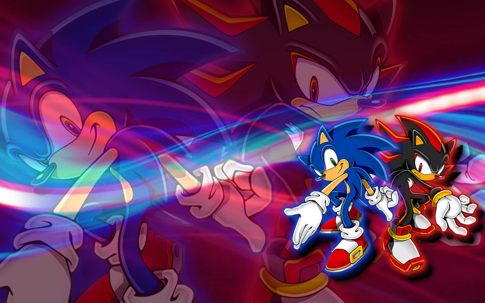 Sonic And Shadow 桌布 壁紙 — 索尼克和影子並肩穿過充滿活力的霓虹隧道，身後留下電光痕跡。