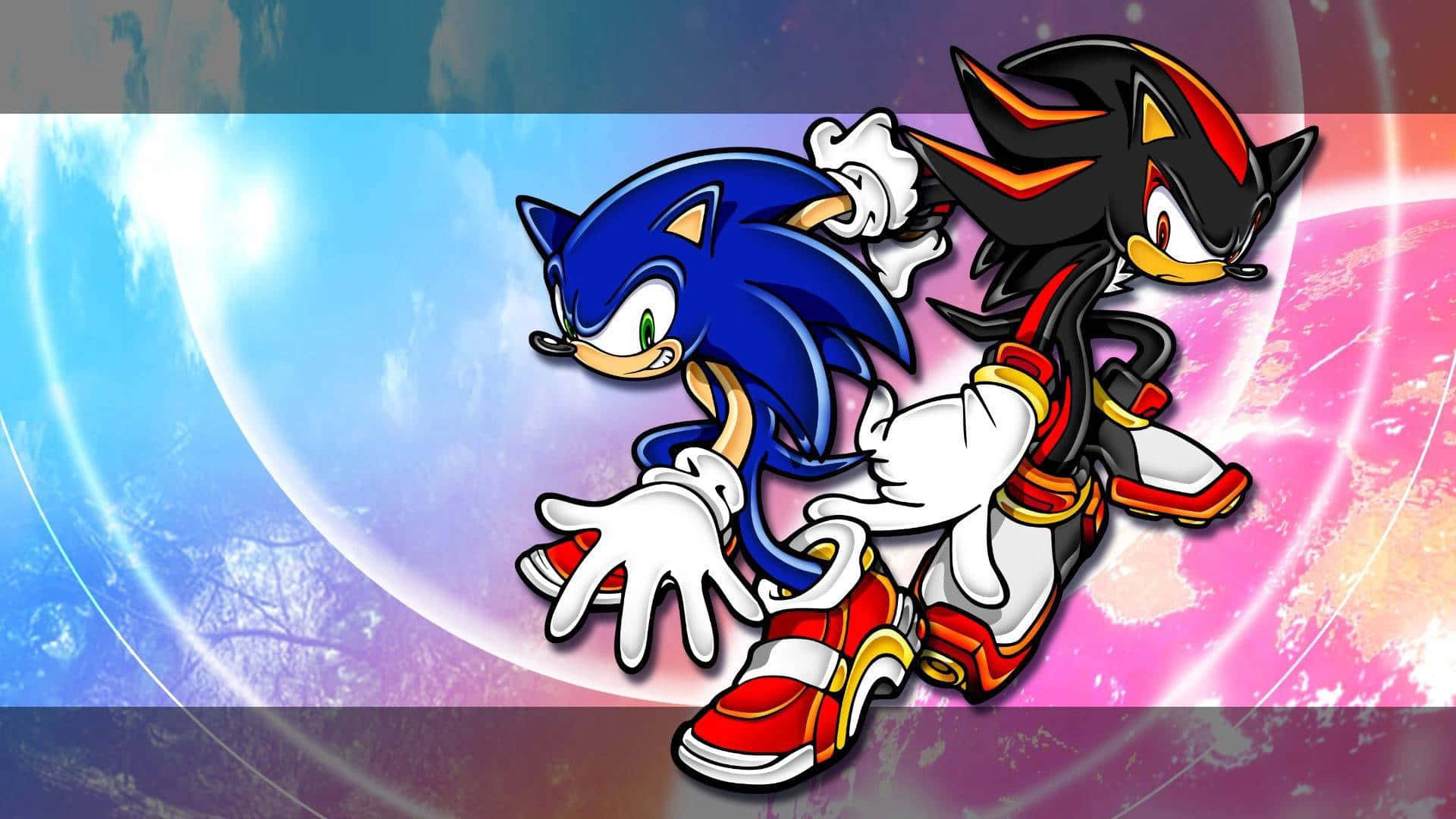Sonic Art 桌布 壁紙 — 索尼克和暗影刺蝟在旋轉的藍色和粉紅色能量的宇宙背景下動態競速。