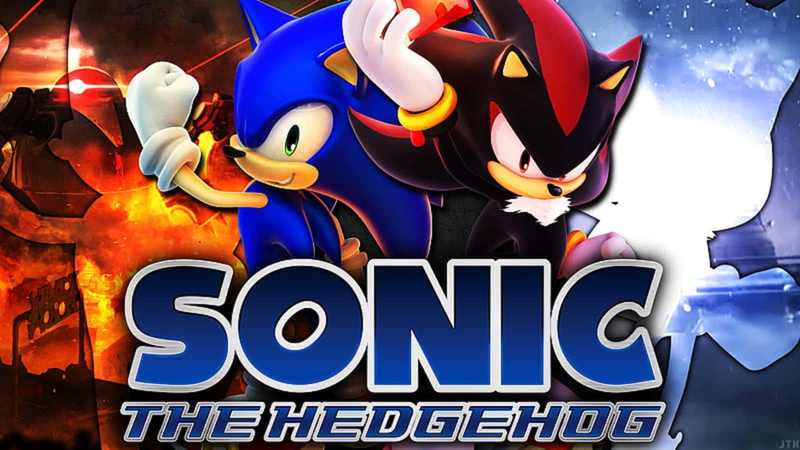 Chaos Emeralds 桌布 壁紙 — 索尼克和暗影刺蝟在火焰與冰霜的背景前擺出英雄姿勢，並帶有粗體標題文字。