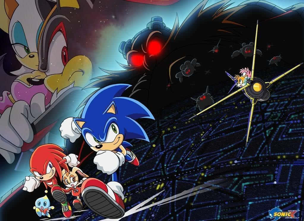 Sonic X 桌布 壁紙 — 索尼克和朋友們在星空下穿越宇宙戰場，對抗巨大的黑暗機械人和飛行無人機。