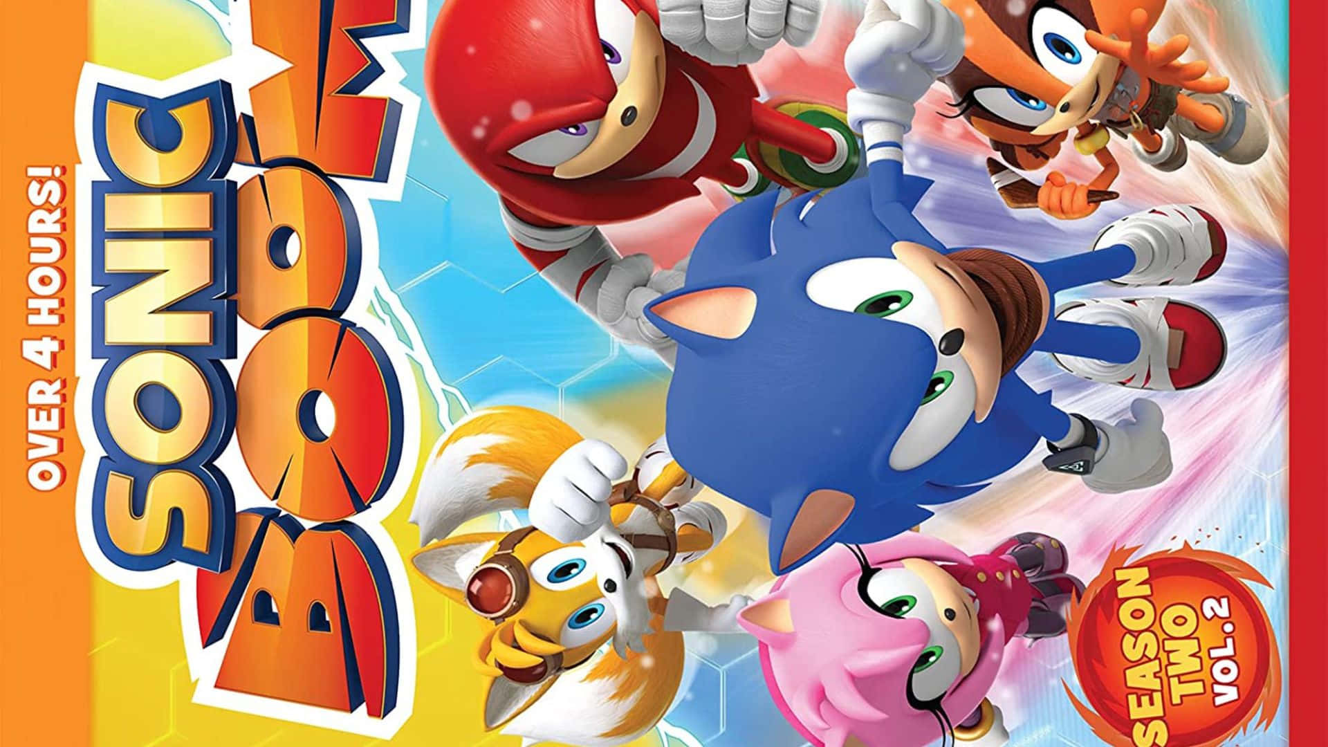 sonic boom 桌布 壁紙 — 索尼克和朋友們在色彩繽紛的卡通風景中動態奔馳，呈現充滿活力的動畫海報。