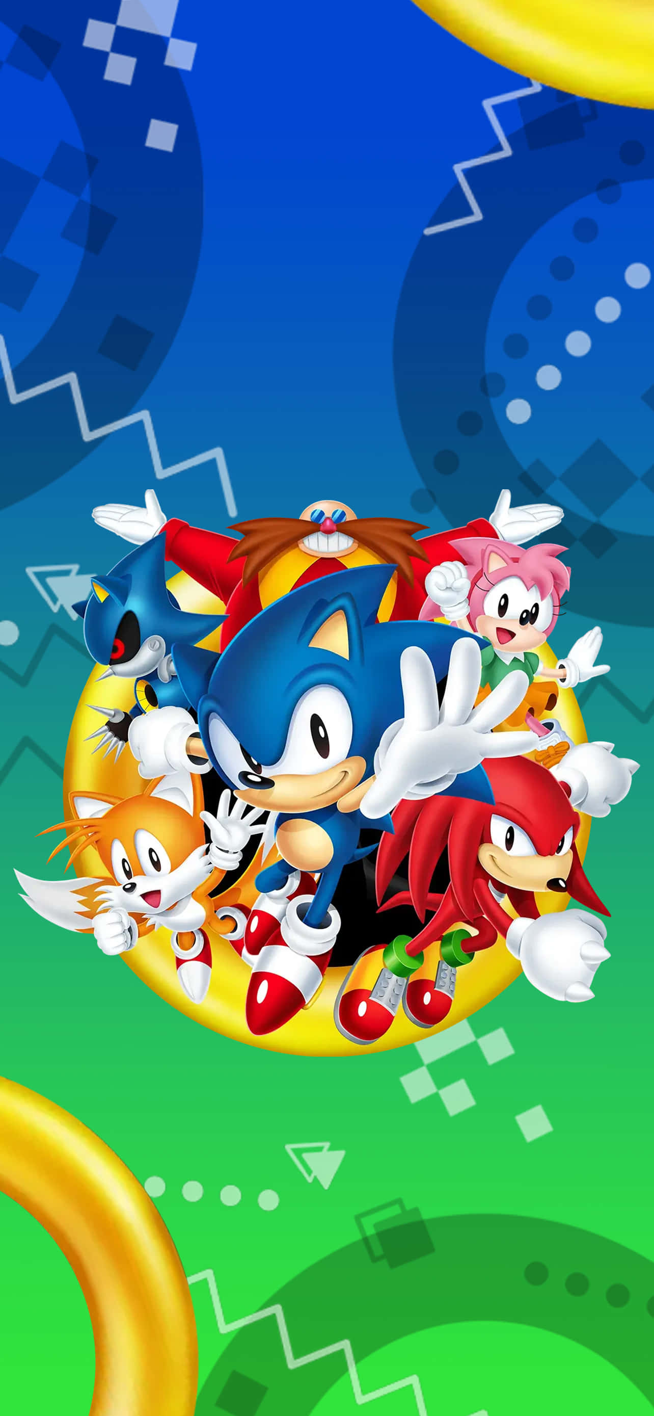 Classic Sonic 桌布 壁紙 — 索尼克和朋友們在金色環上愉快地擺姿勢，背景是充滿活力的藍色和綠色幾何圖案。