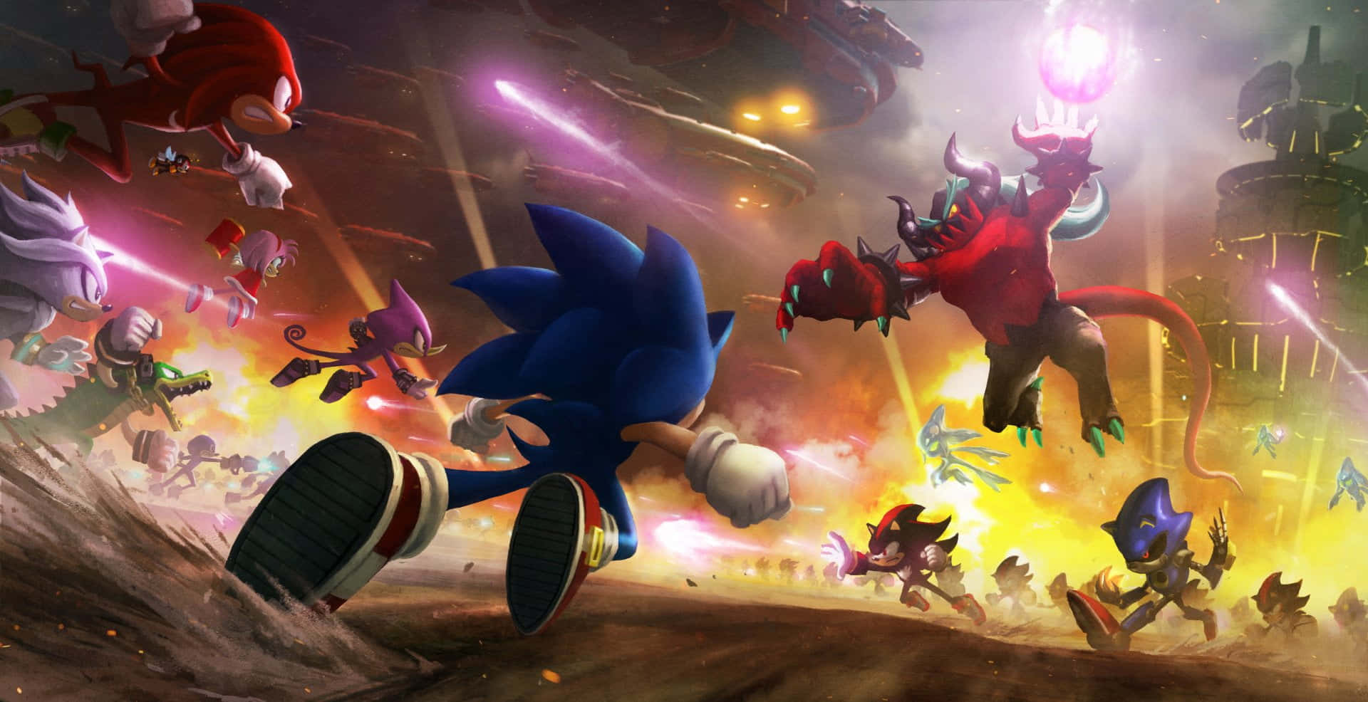 Sonic City Escape 桌布 壁紙 — 索尼克和盟友在熾熱的戰場上奔馳，躲避紅色惡魔首領和發光敵人的攻擊。