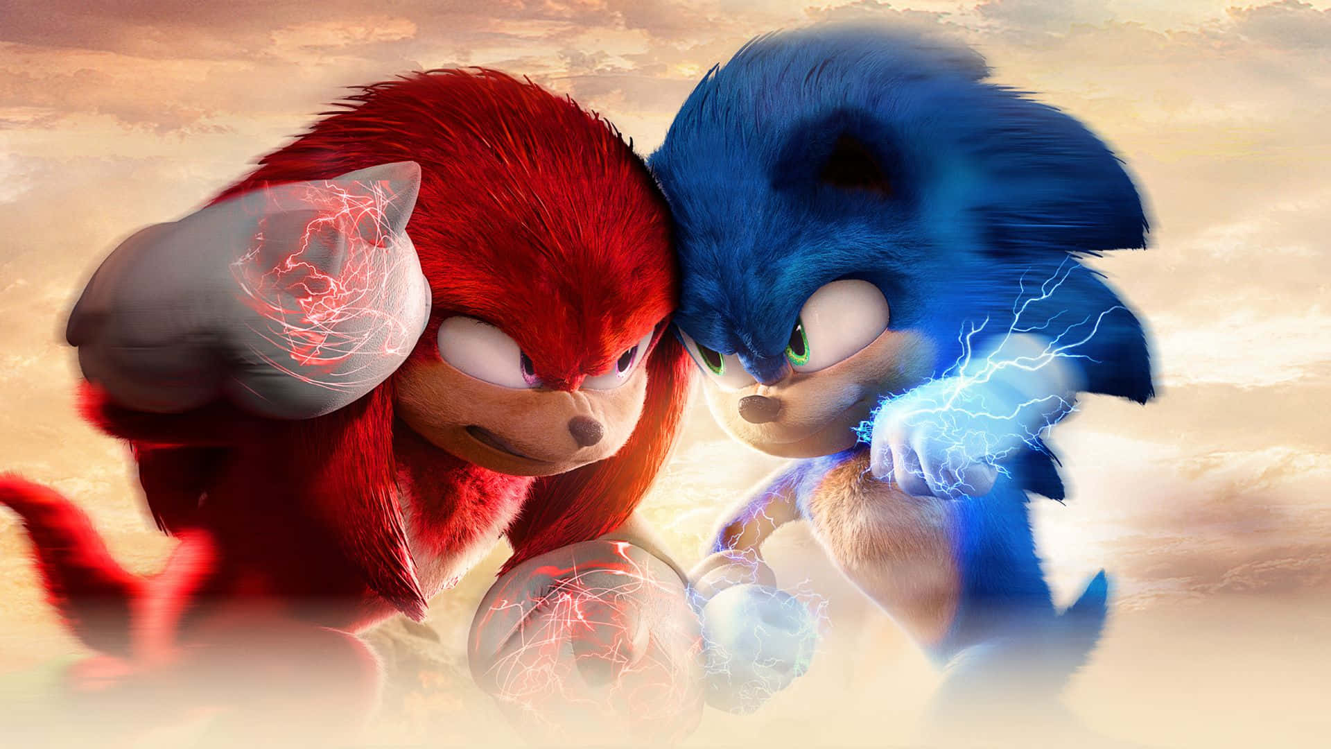 Sonic And Knuckles 桌布 壁紙 — 索尼克和納克魯斯在金色天空下對峙，兩人之間有噼啪作響的能量，展開一場戲劇性的對決。