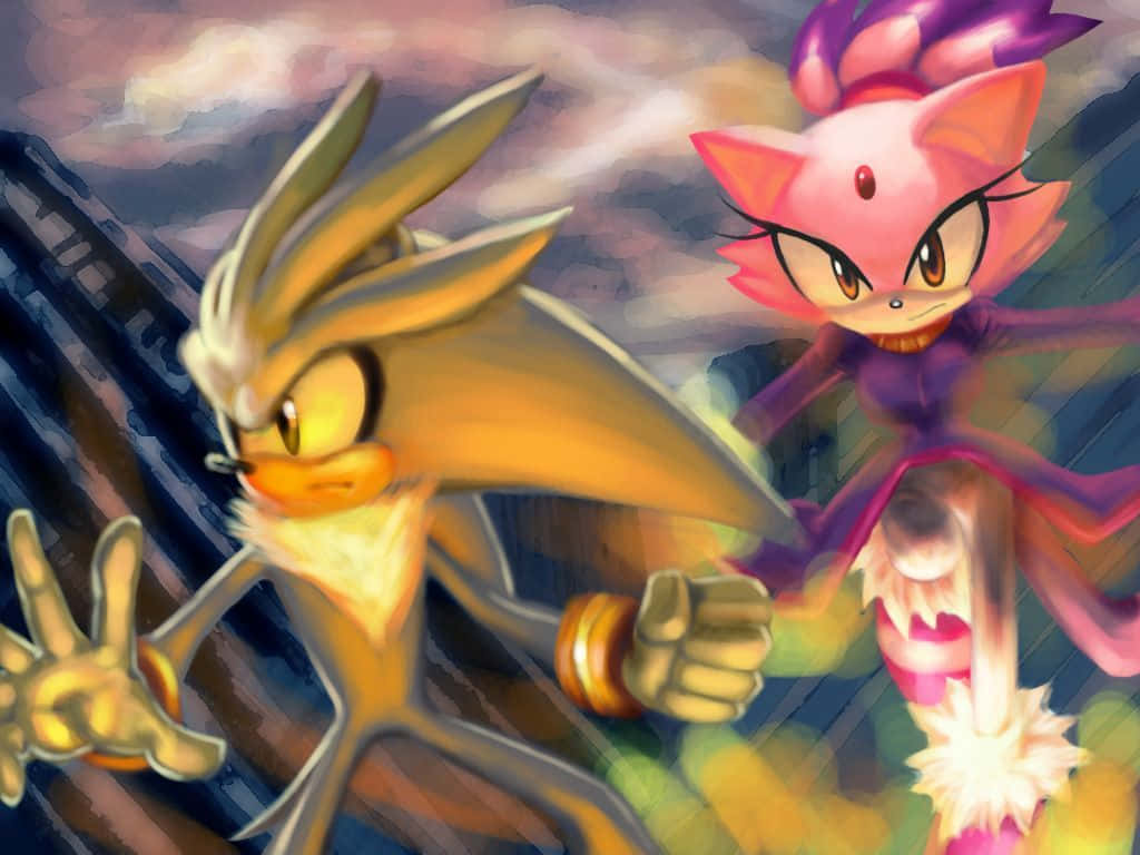 Sonic City Escape 桌布 壁紙 — 索尼克和艾米·羅斯在暴風雨的天空下，動態地穿過模糊的城市景觀。
