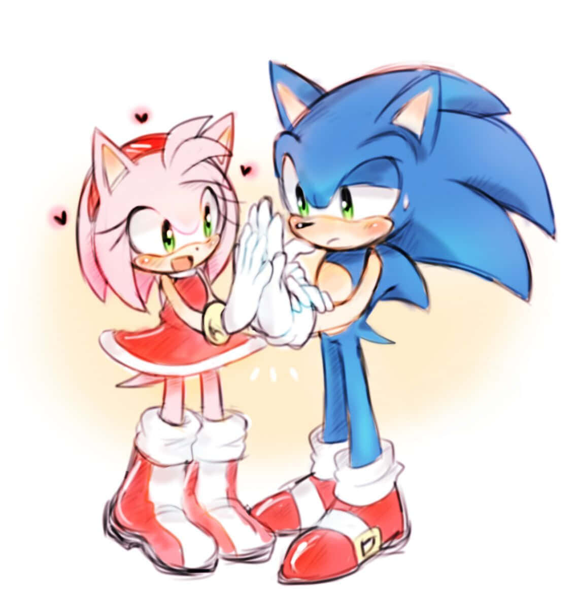 Sonic And Amy 桌布 壁紙 — 索尼克和艾米·羅斯在柔和發光的背景中分享甜蜜時刻，心形圍繞他們飄浮。