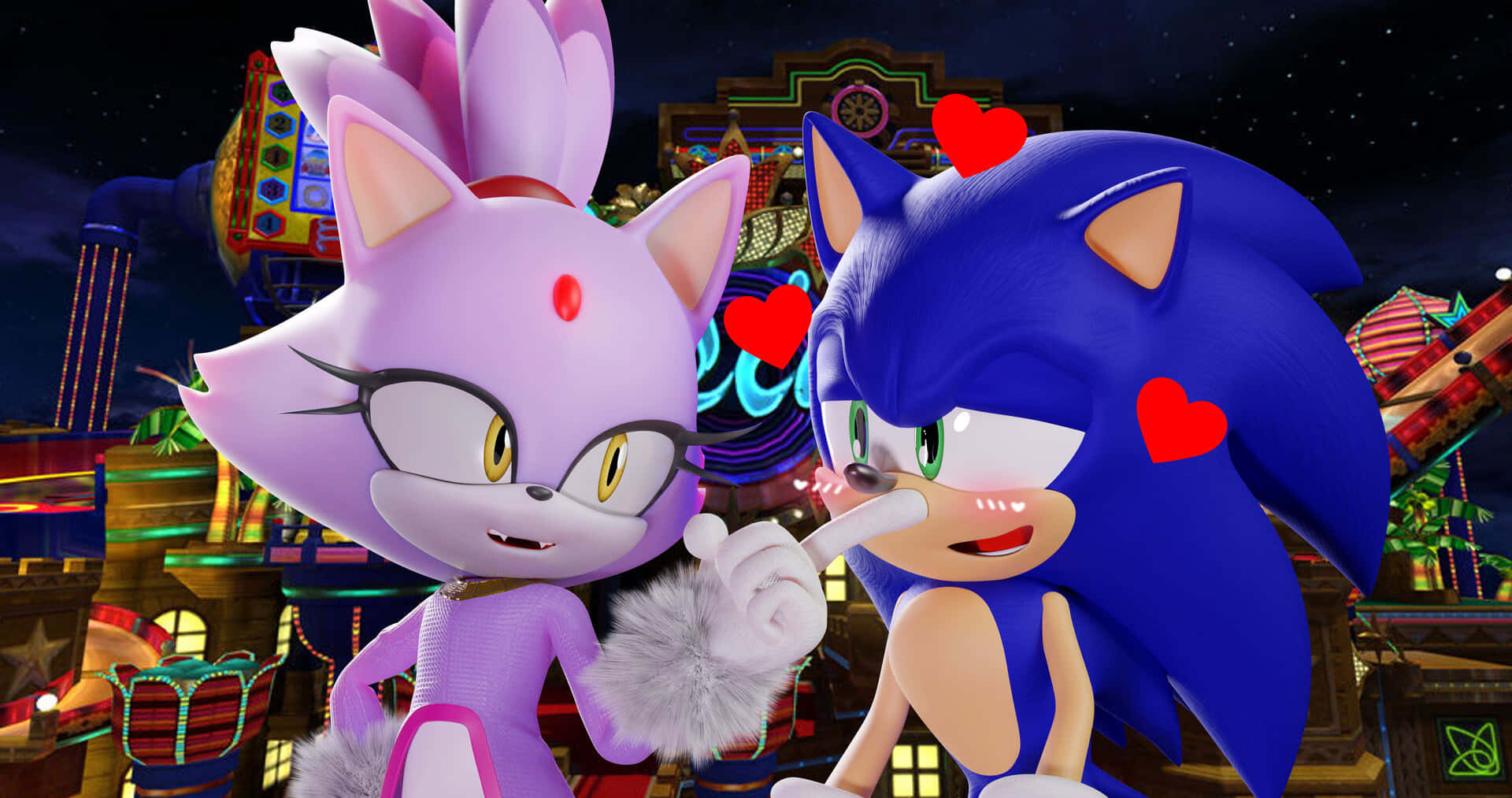 Sonic And Blaze 桌布 壁紙 — 索尼克和艾米·羅斯在閃爍的霓虹燈下，於充滿活力的夜間嘉年華中分享一個俏皮的浪漫時刻。