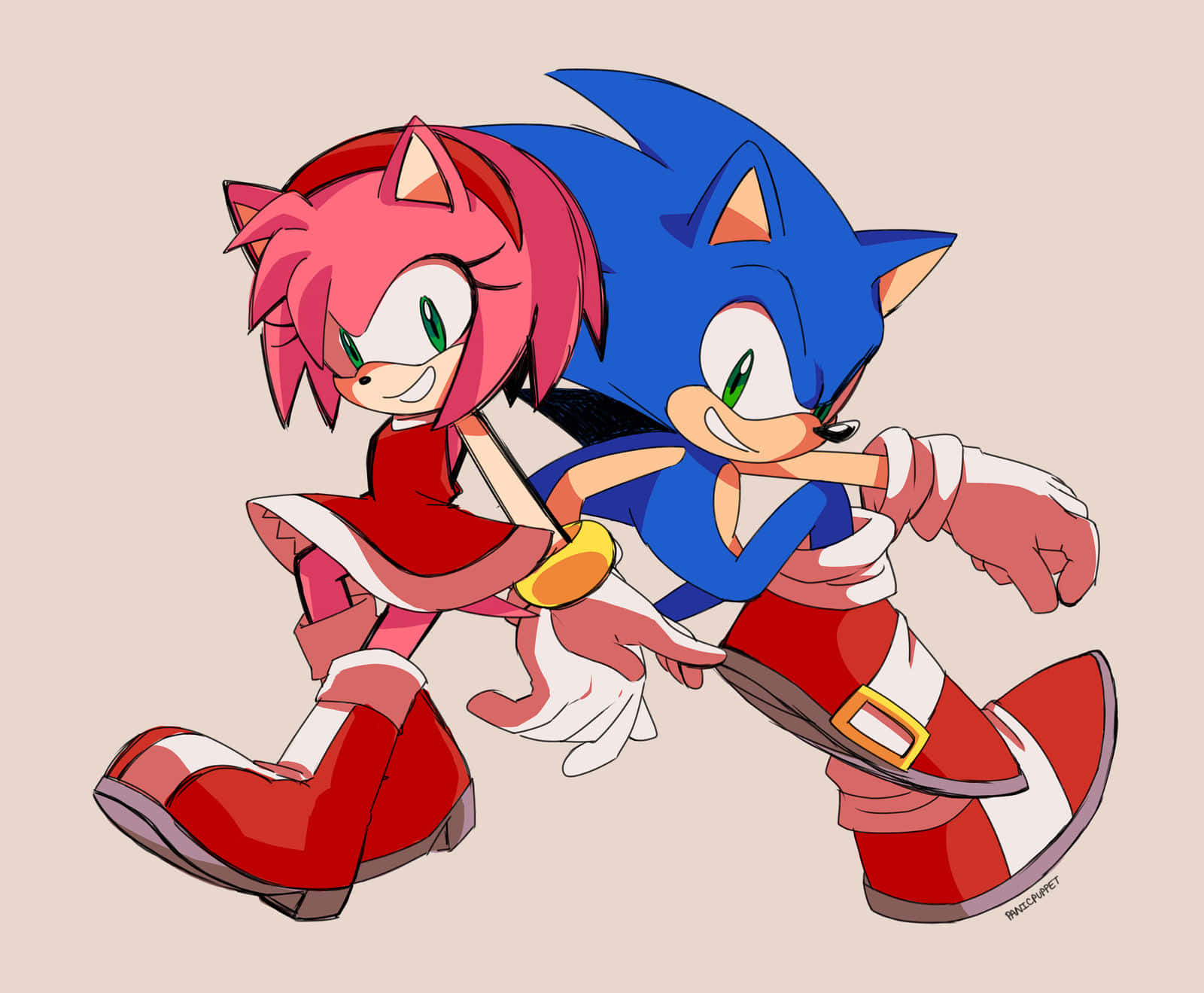 Sonic And Amy 桌布 壁紙 — 索尼克和艾米以堅定的表情在米色背景上擺出動態奔跑姿勢。