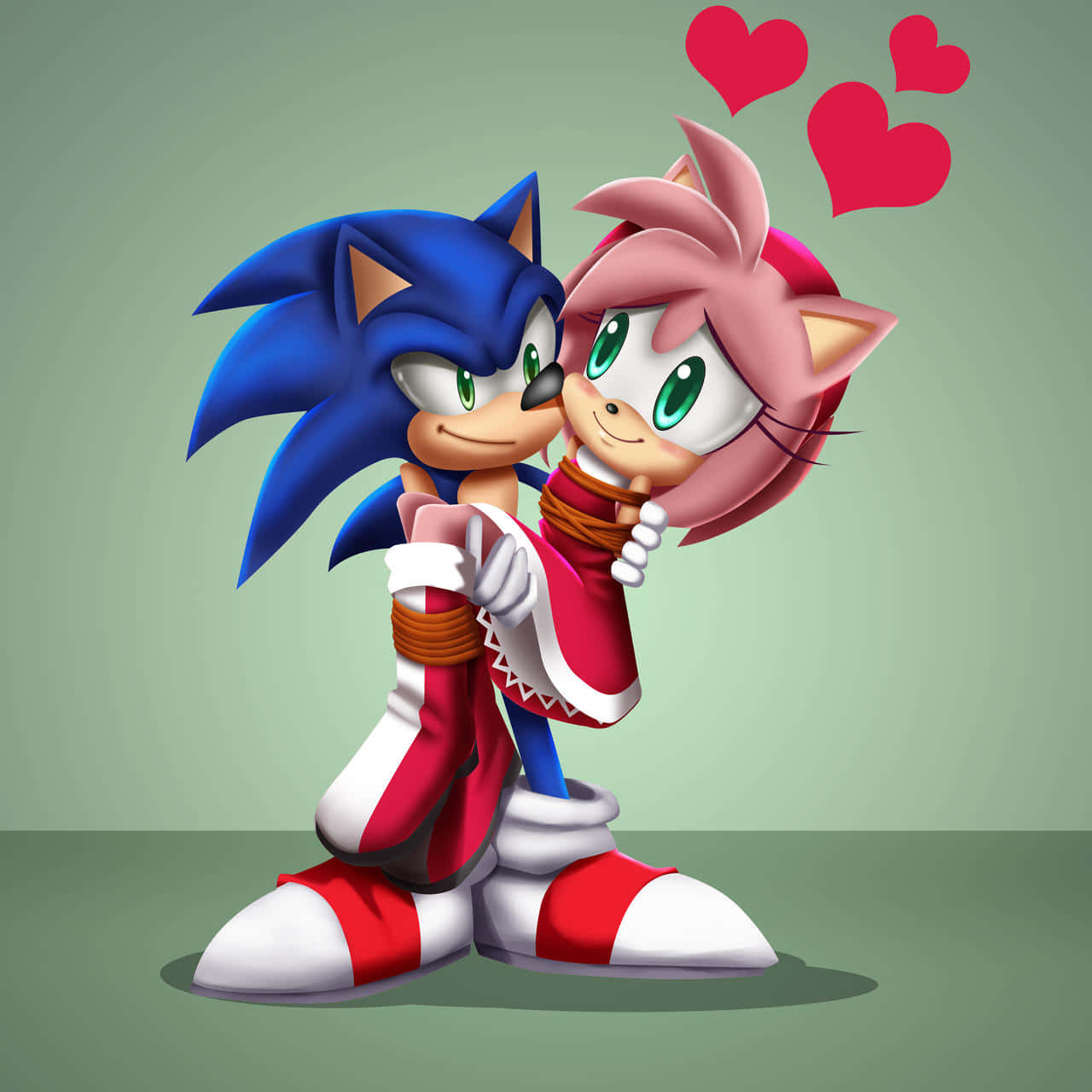 Sonic And Amy 桌布 壁紙 — 索尼克和艾米在柔和的綠色背景下熱情擁抱，頭頂漂浮著愛心。