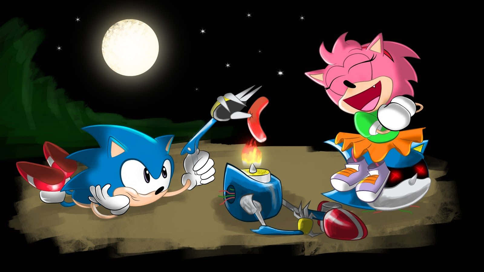 Sonic Cd 桌布 壁紙 — 索尼克和艾米在黑暗森林空地上，滿月下共享燭光晚餐。