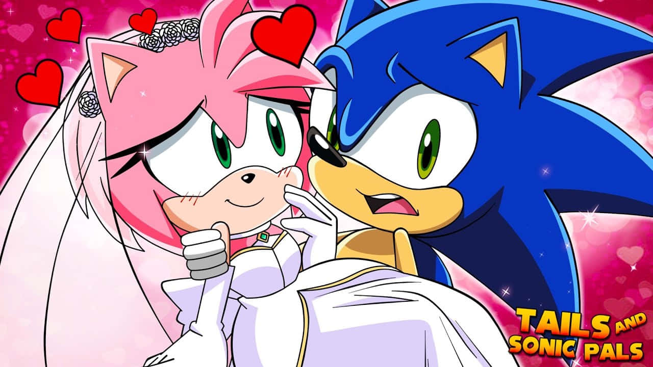 Sonic And Amy 桌布 壁紙 — 索尼克和艾米穿著婚禮服飾，在粉紅色背景上被漂浮的心形和閃光包圍，分享甜蜜時刻。