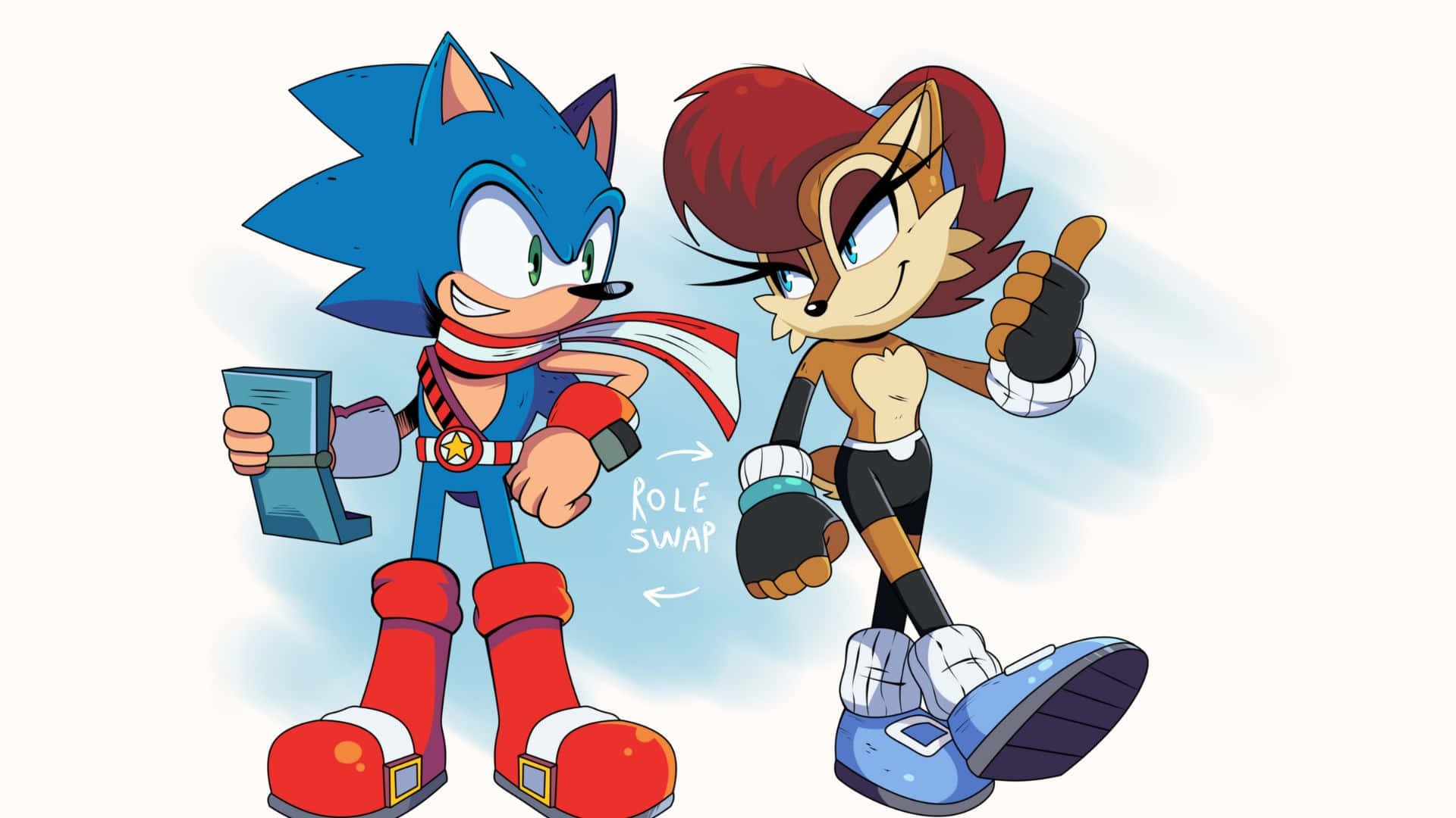 Sonic And Sally 桌布 壁紙 — 索尼克和莎莉在充滿動感的動漫風格插圖中玩味地互換角色，線條大膽，色彩鮮豔。