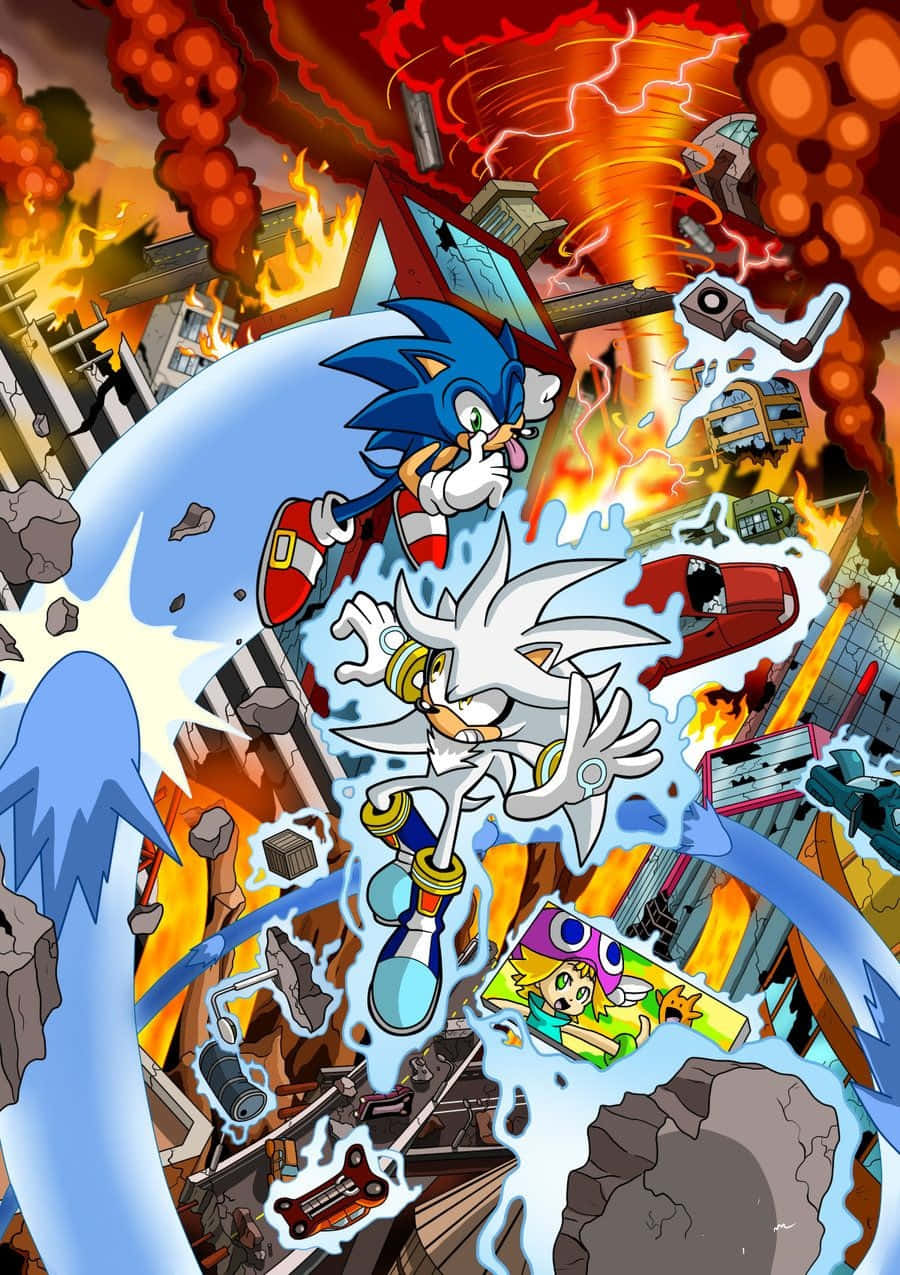 Sonic City Escape 桌布 壁紙 — 索尼克和西爾弗在一個燃燒的城市戰場中疾馳，周圍爆炸和碎片飛舞。