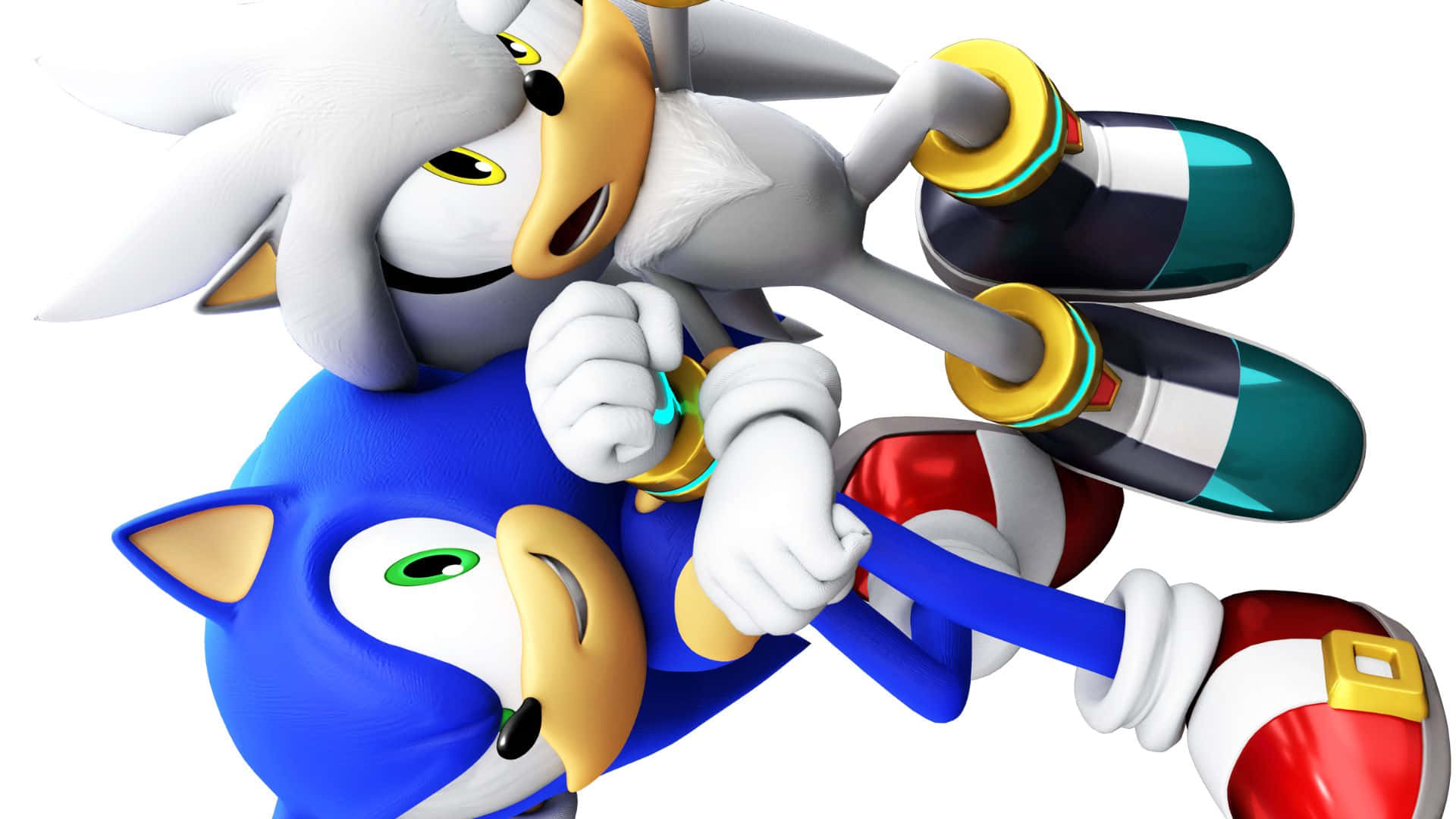 Sonic And Silver 桌布 壁紙 — 索尼克和銀色刺蝟以動態3D渲染姿勢呈現，色彩鮮豔並帶有動態模糊，背景為白色。