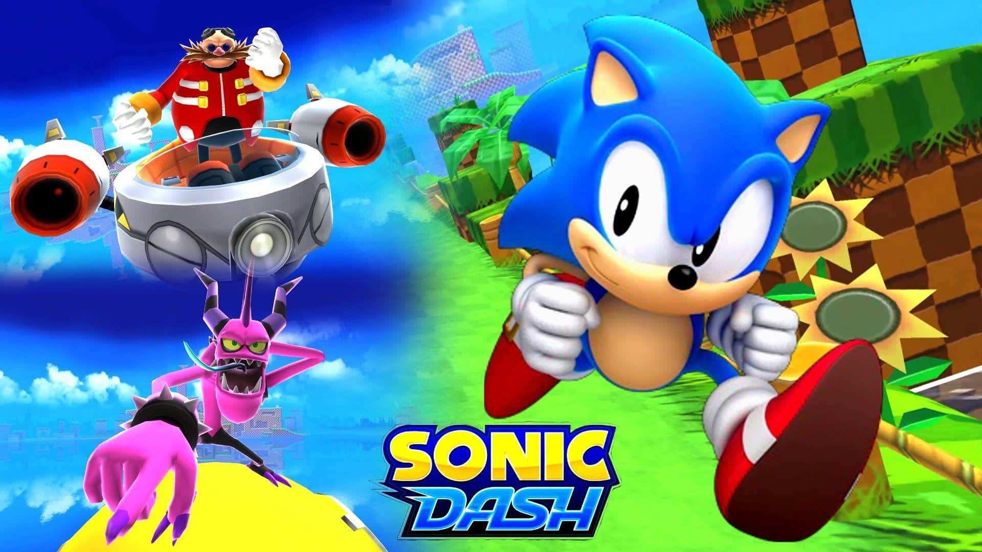 Sonic Dash 桌布 壁紙 — 索尼克在充滿活力的3D遊戲場景中向前衝刺，蛋頭博士乘坐火箭動力車輛飛行，粉紅色反派在後面追趕。