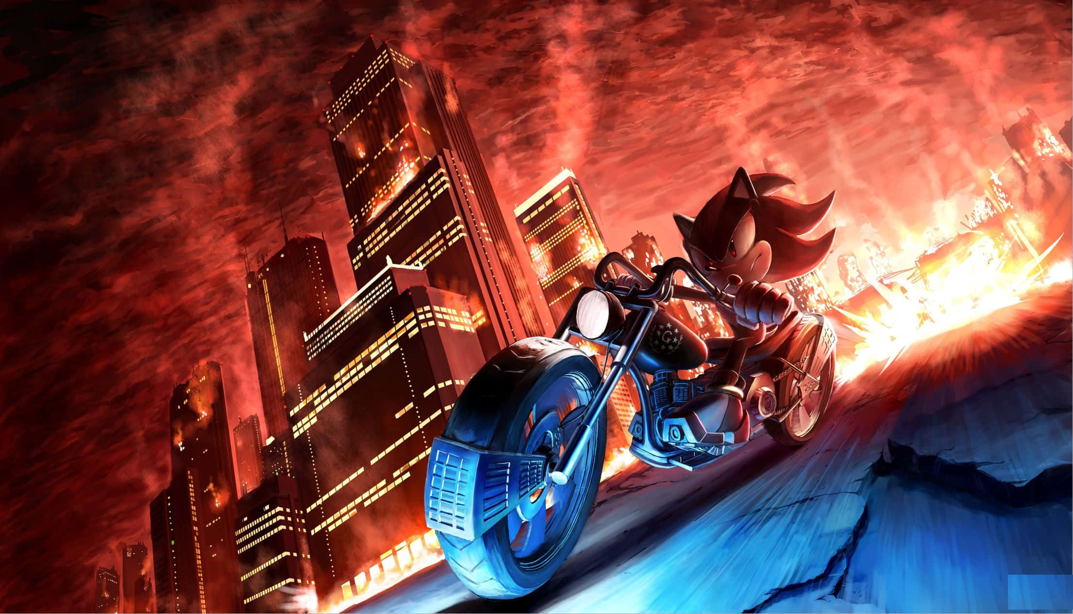 Sonic City Escape 桌布 壁紙 — 索尼克在日落時分騎著藍色電單車穿過火熱的城市峽谷，伴隨著爆炸和發光的摩天大樓。