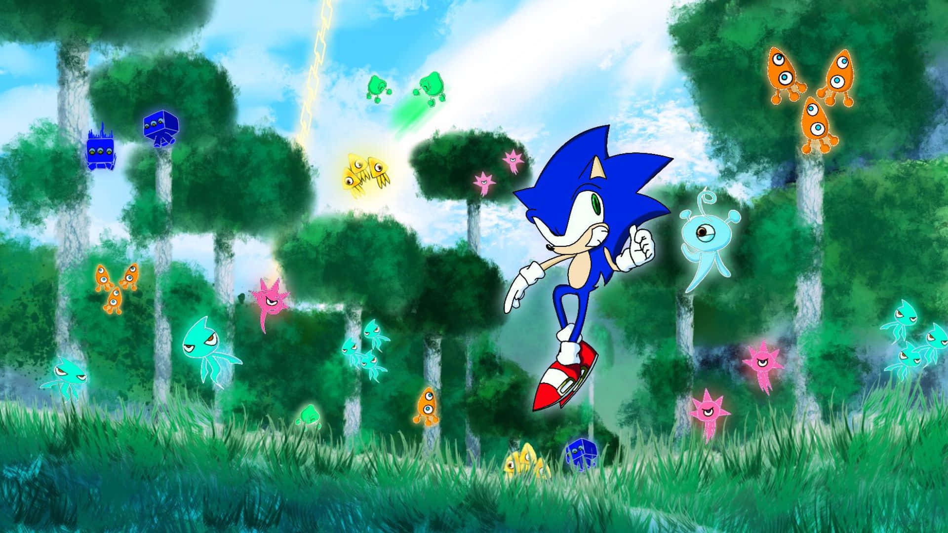 Sonic Planet Wisp 桌布 壁紙 — 索尼克在明亮的天空下，穿過充滿色彩繽紛漂浮生物的活力森林。