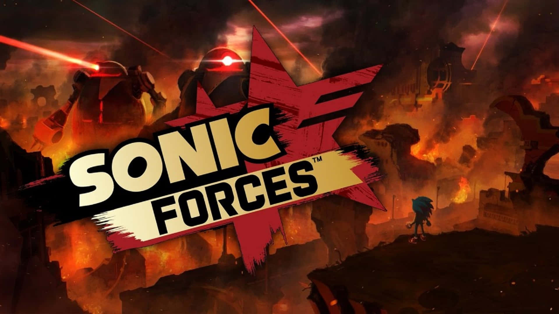 Sonic Logo 桌布 壁紙 — 索尼克在熾熱的戰場上顯得渺小，巨型機械人在混亂的遊戲場景中發射激光。