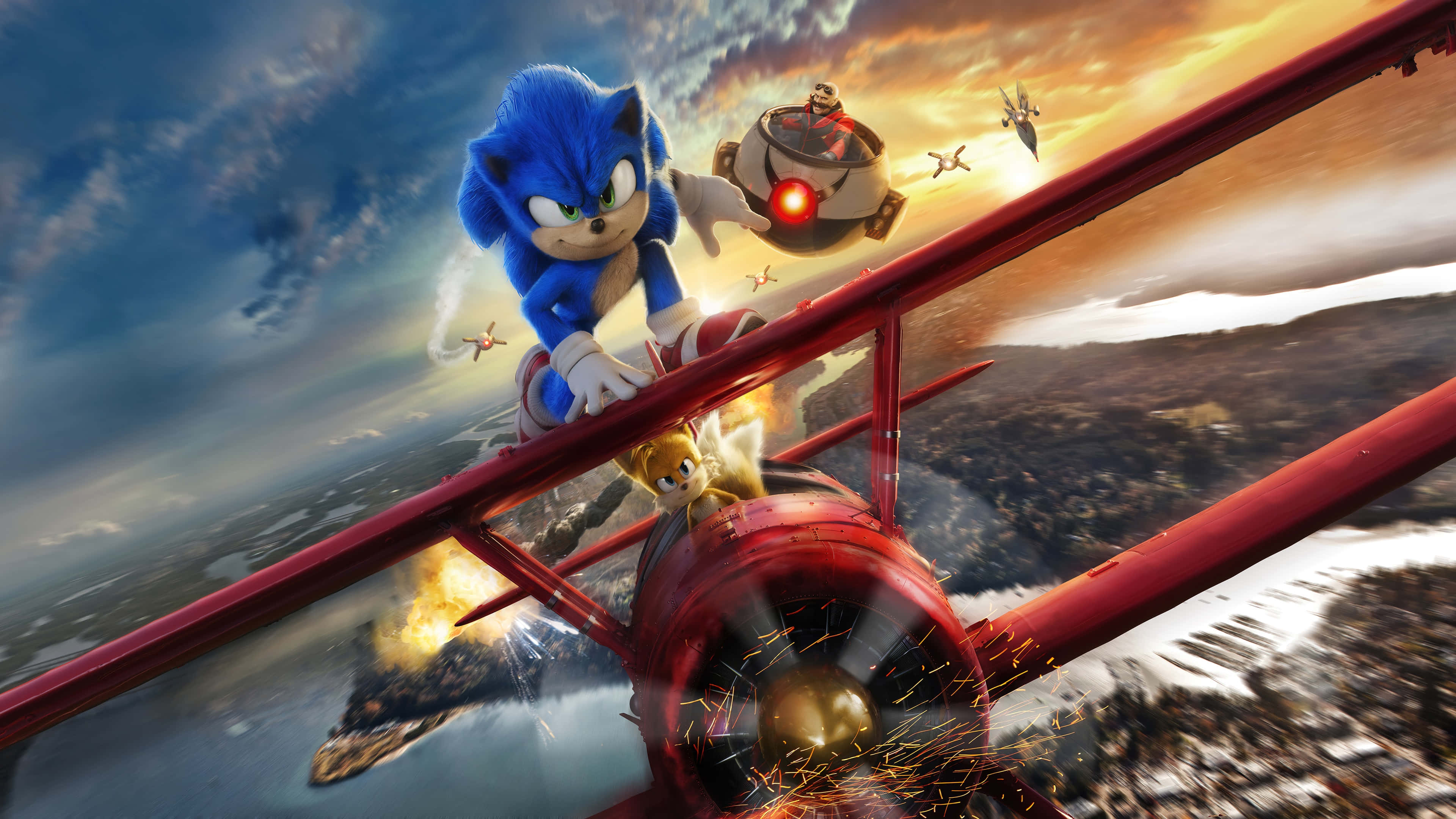 Sonic The Hedgehog Characters 桌布 壁紙 — 索尼克在紅色雙翼飛機上奔馳，與蛋頭博士的機械敵人進行激烈的空中追逐。