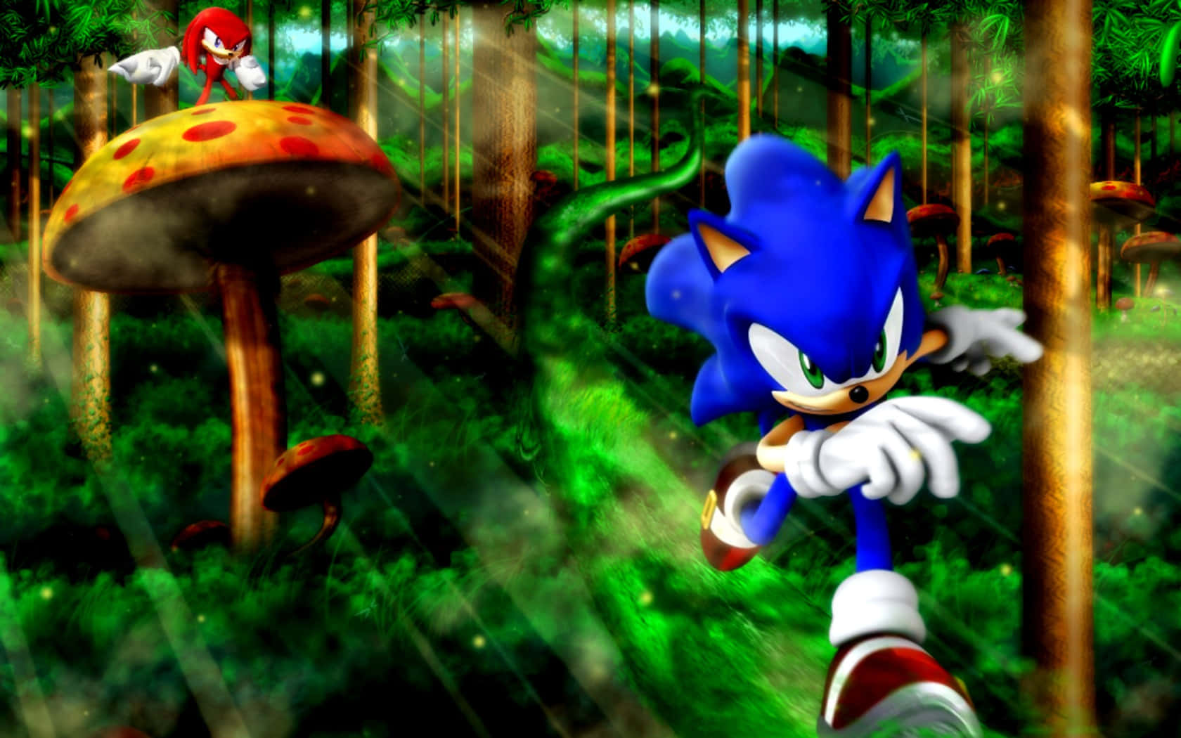 索尼克在繁茂綠林中疾馳 壁紙 — Sonic the Hedgehog 穿過一片茂密的綠色森林，裡面有巨大的蘑菇，Knuckles 棲息在其中一個上面。