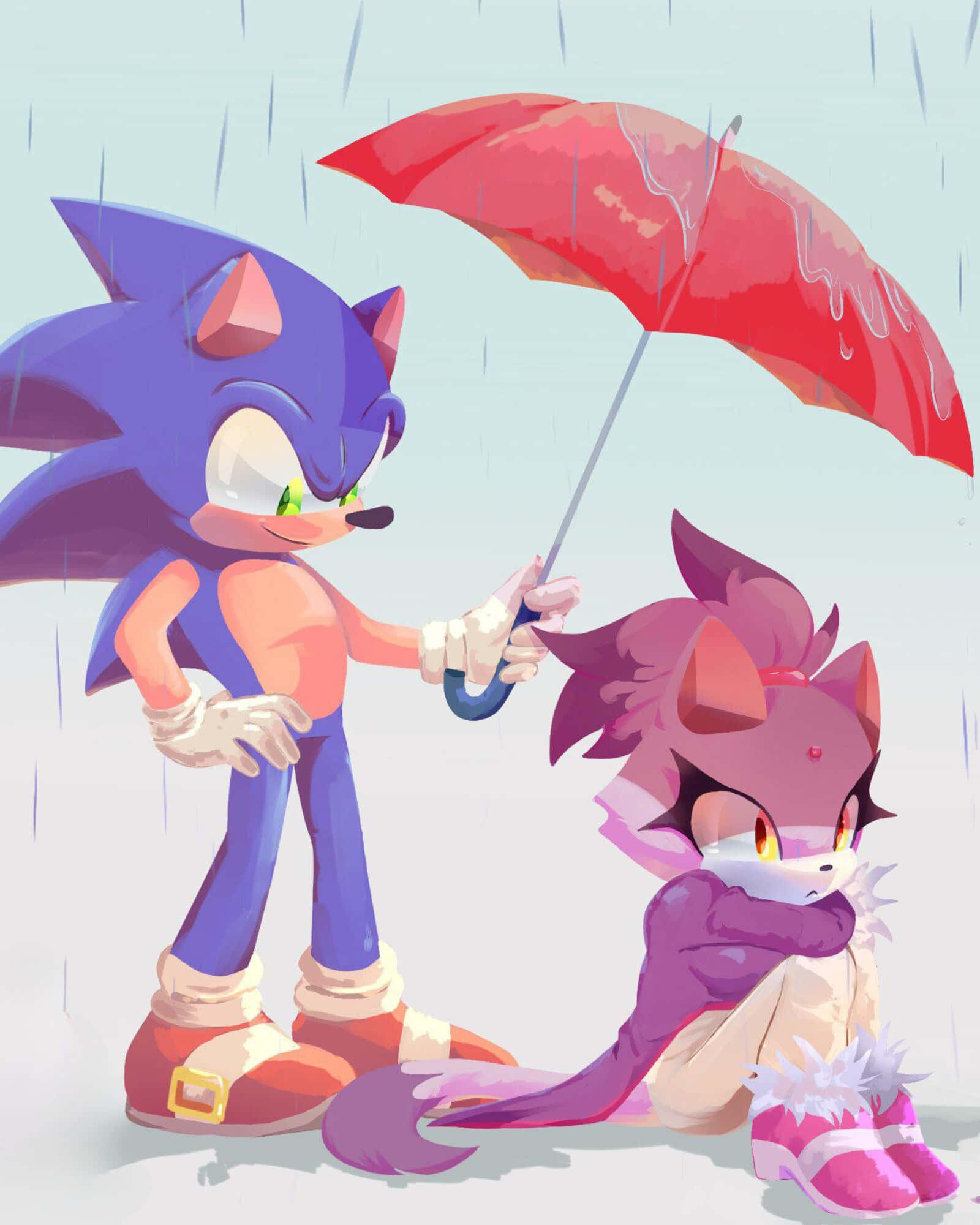 Sonic And Blaze 桌布 壁紙 — 索尼克在雨中為顫抖的艾咪撐起一把紅傘，兩個角色身處柔和的粉彩雨景中。