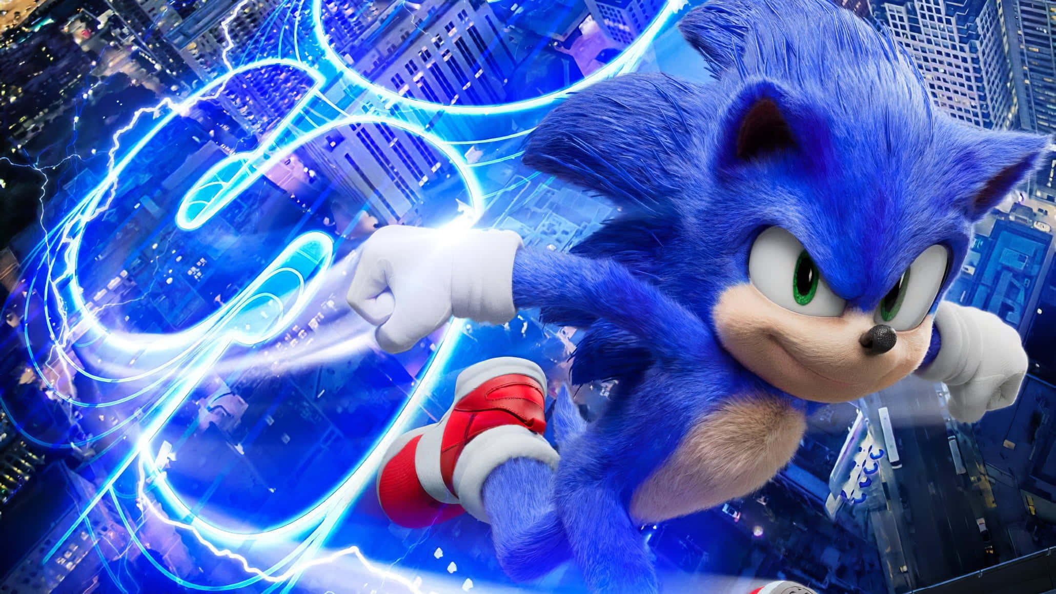 Sonic City Escape 桌布 壁紙 — 索尼克在霓虹燈閃爍的城市中飛馳，身後留下藍色發光的軌跡。