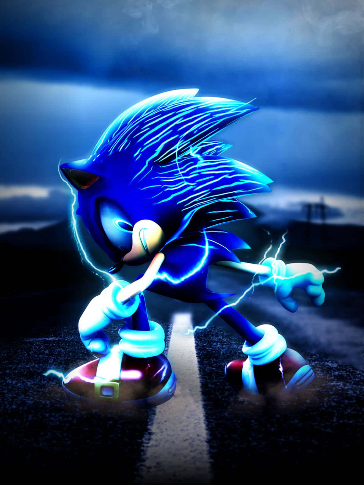 Modern Sonic 桌布 壁紙 — 索尼克在黑暗的暴風雨道路上向前衝刺，周圍環繞著電光藍色的能量。