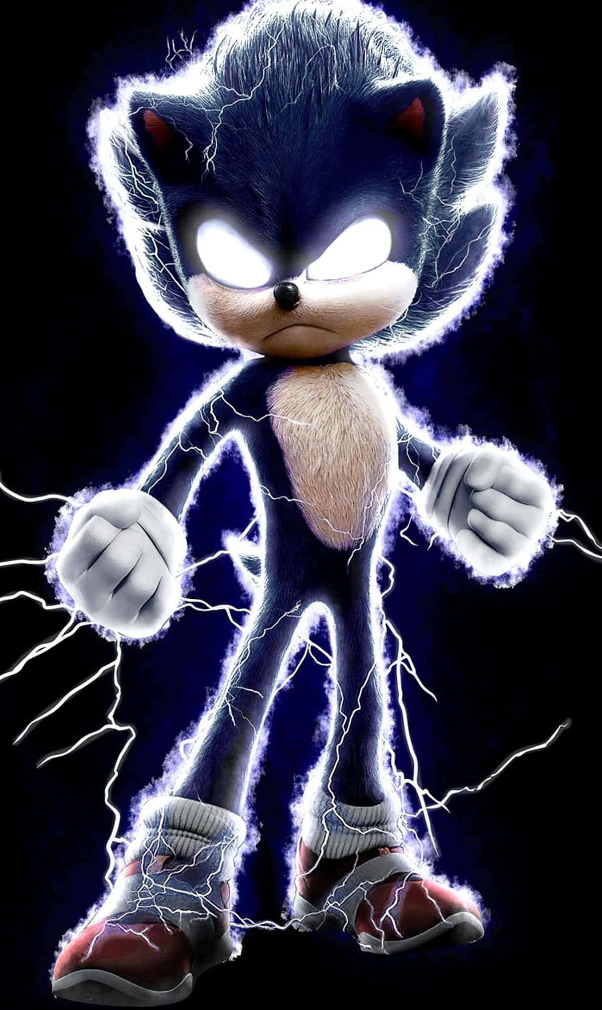Sonic Art 桌布 壁紙 — 索尼克在黑暗背景前，雙眼發出白光，拳頭周圍閃爍著劈啪作響的閃電，全身帶電。