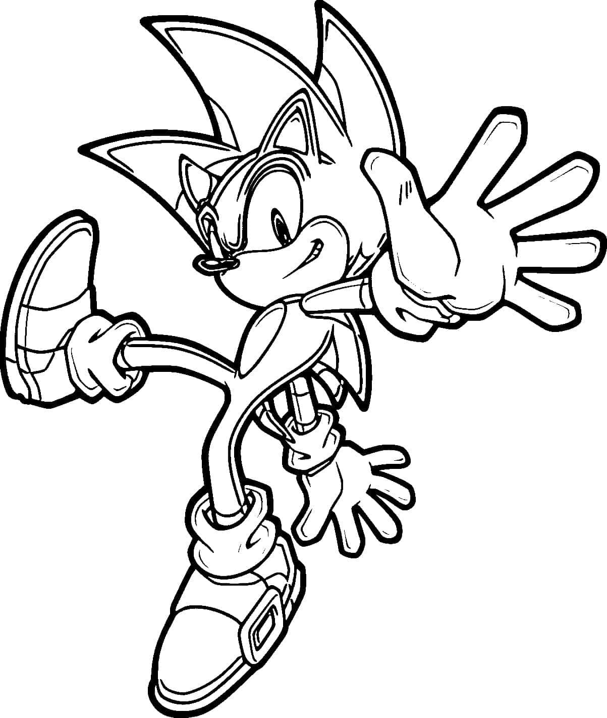 索尼克（Sonic the Hedgehog）張開雙臂奔跑的黑白線條藝術。