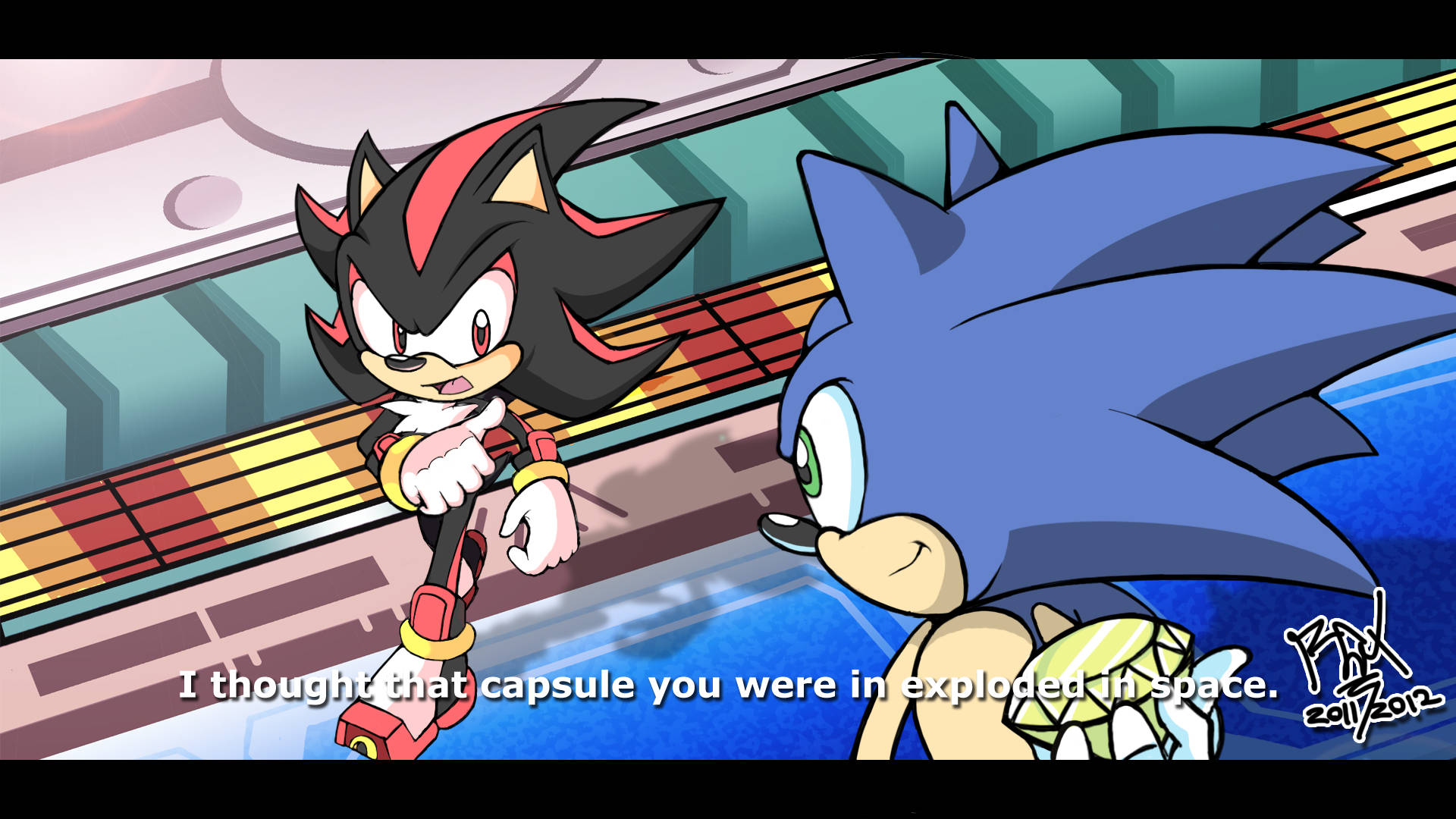 《索尼克大冒險》中的影子刺猬 壁紙 — Sonic 和 Shadow 在未來主義的走廊中對峙，色彩大膽，姿勢動感。