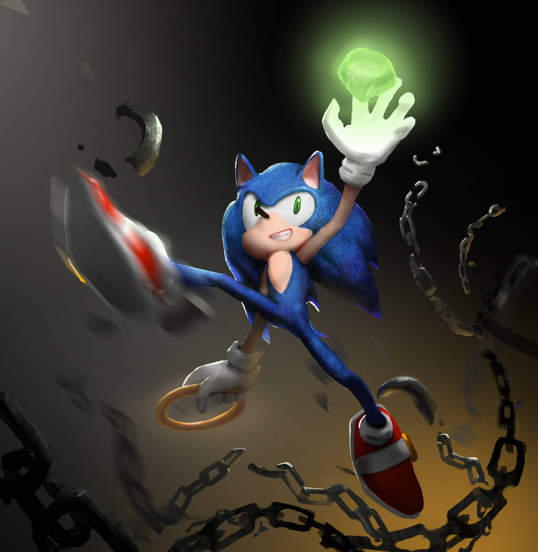 Sonic the Hedgehog 打破鎖鏈，同時拿著發光的綠色寶石。