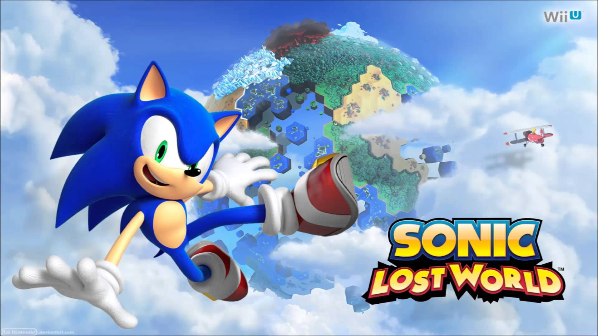 Sonic the Hedgehog 在浮島世界上方穿過雲層奔跑。
