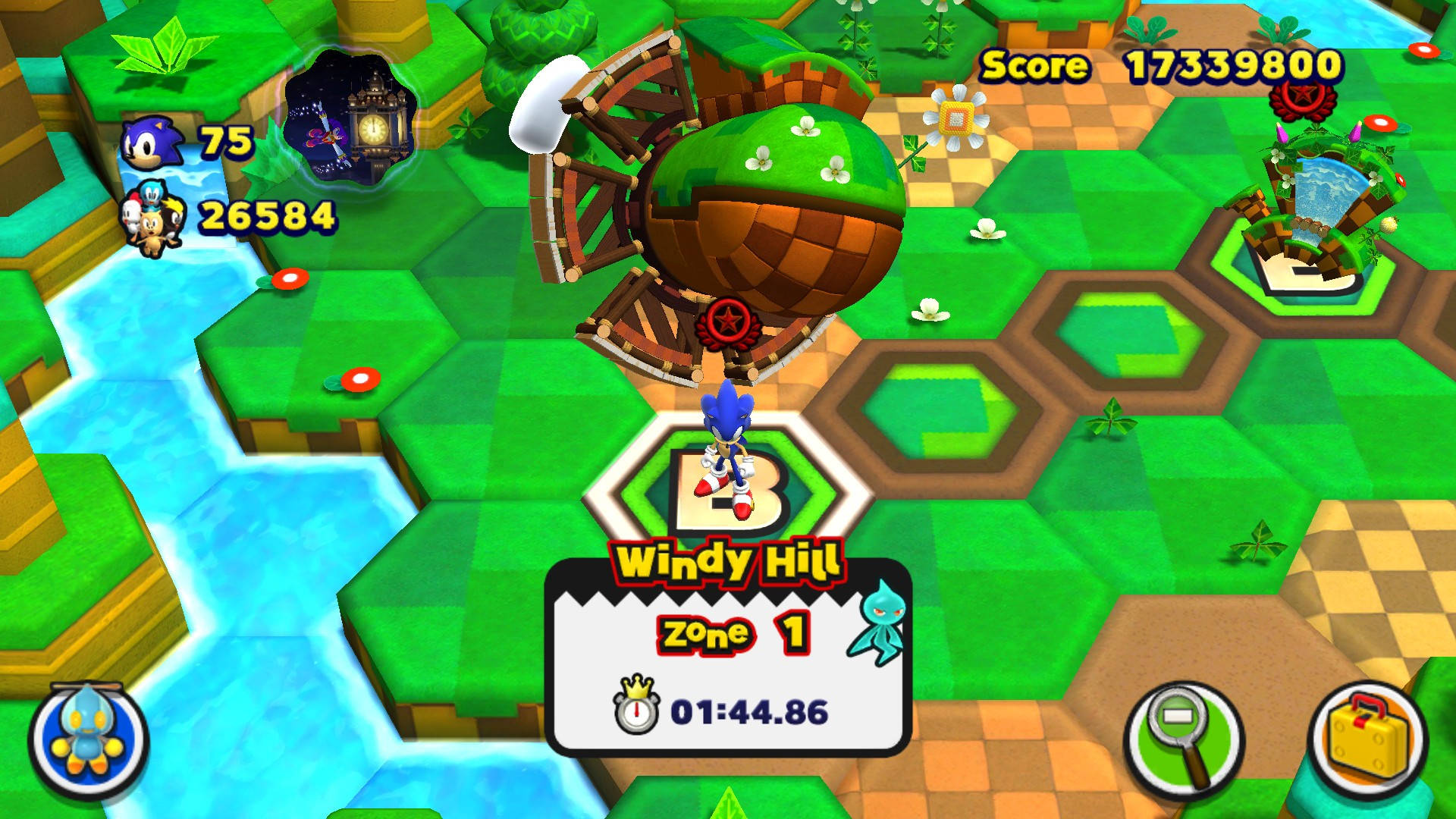 Sonic the Hedgehog 在色彩繽紛的3D電子遊戲的Windy Hill Zone中飛馳。