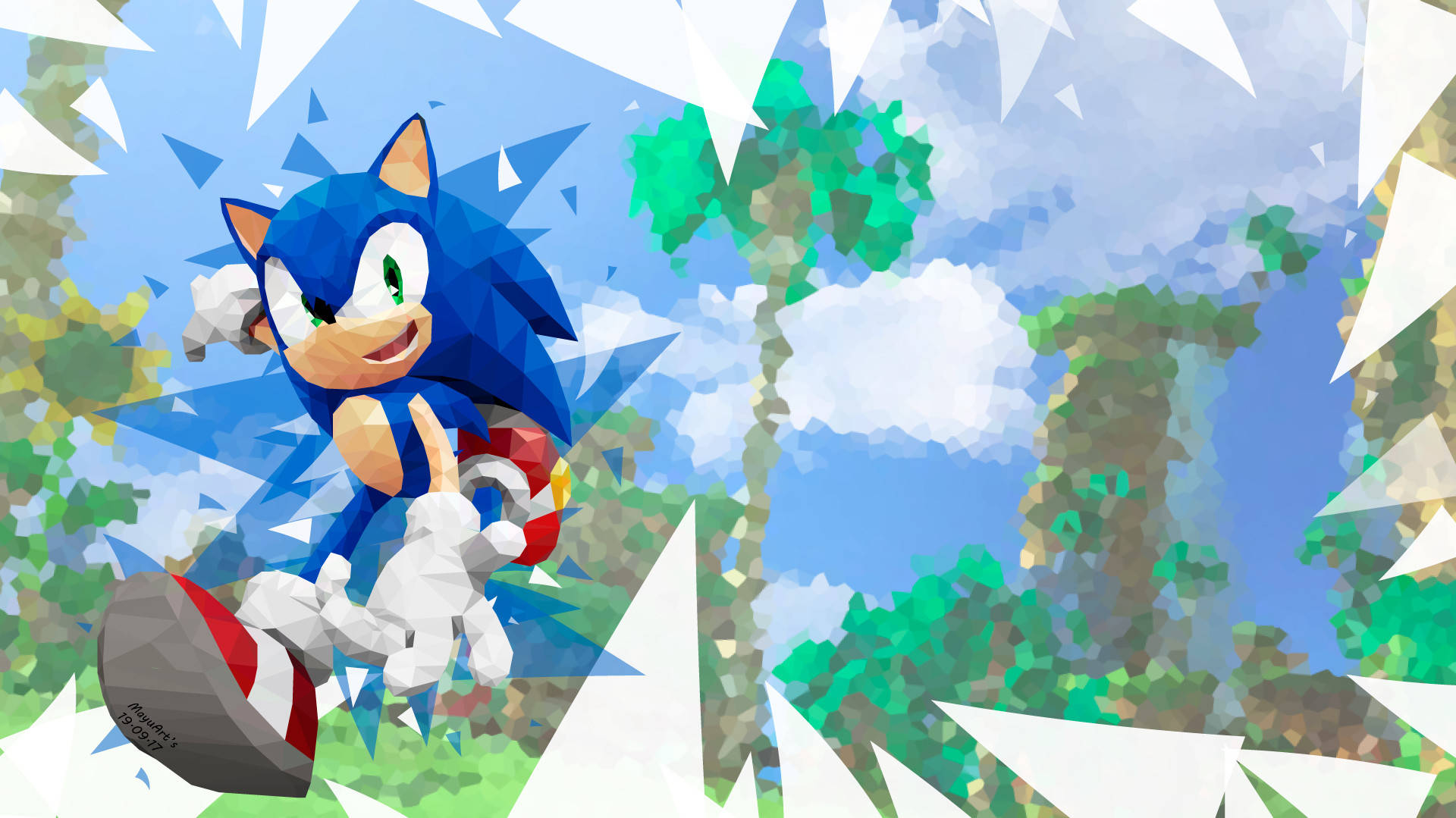索尼克奔跑的綠色山丘區馬賽克 壁紙 — Sonic the Hedgehog 以幾何低多邊形藝術風格穿過充滿活力的森林。