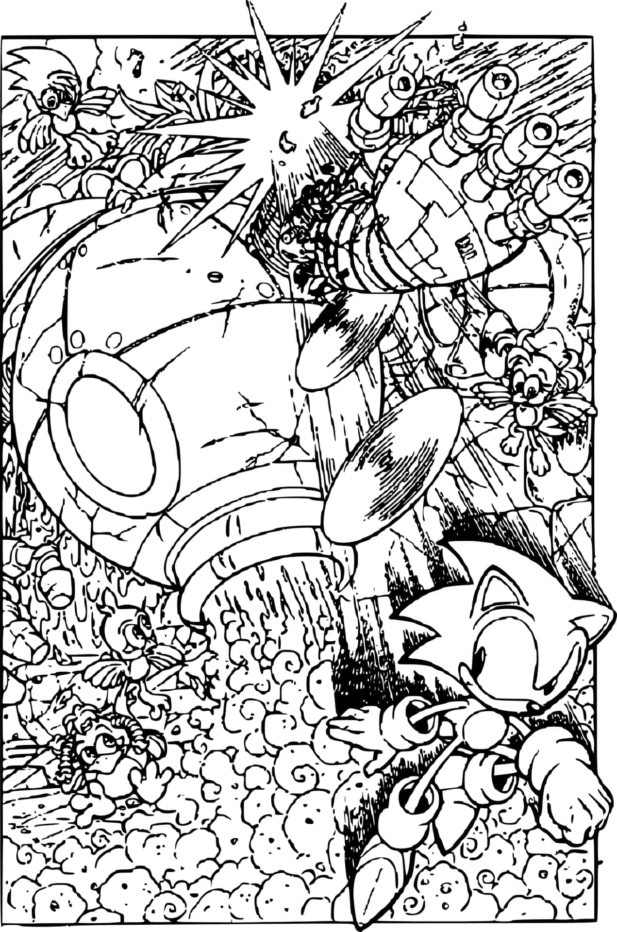Sonic the Hedgehog 跑過一個巨型機械人，背後有爆炸。
