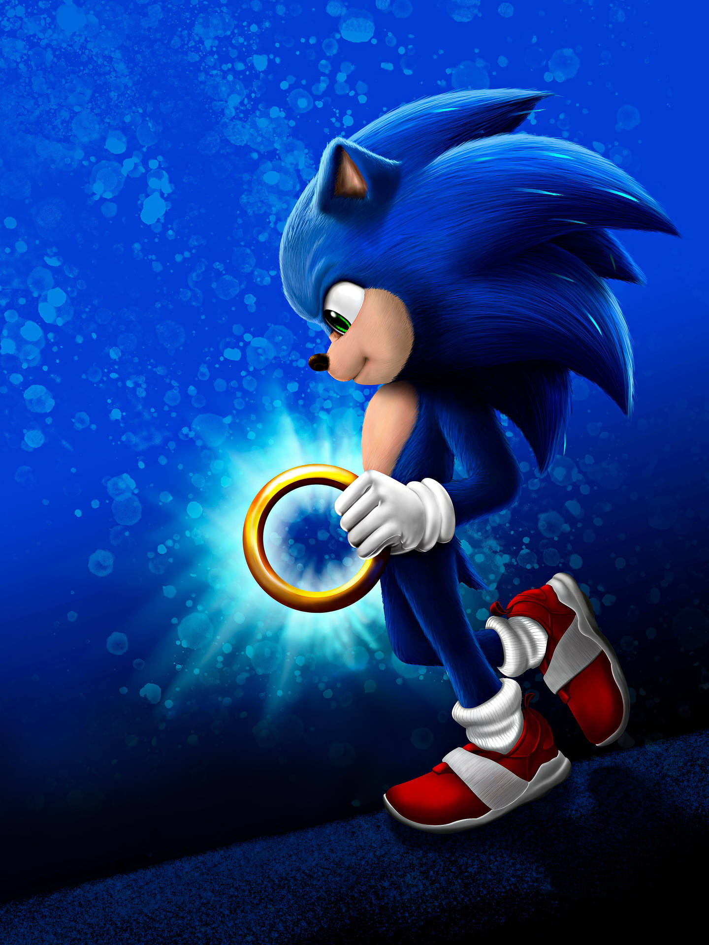 Sonic the Hedgehog 在藍色閃爍環境中手持發光戒指。