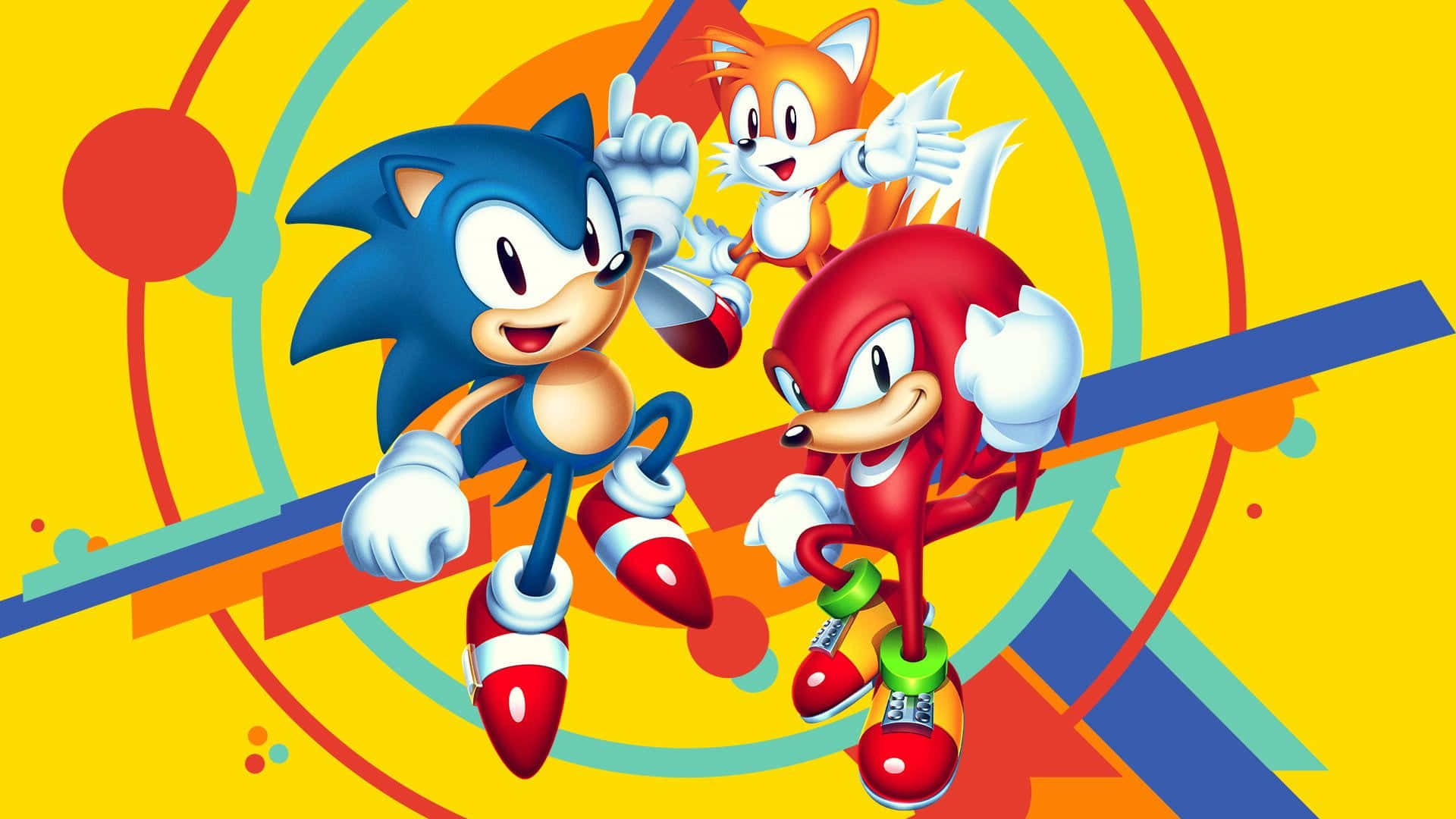 色彩繽紛的卡通風格 Sonic、Tails 和 Knuckles 搭配幾何背景。