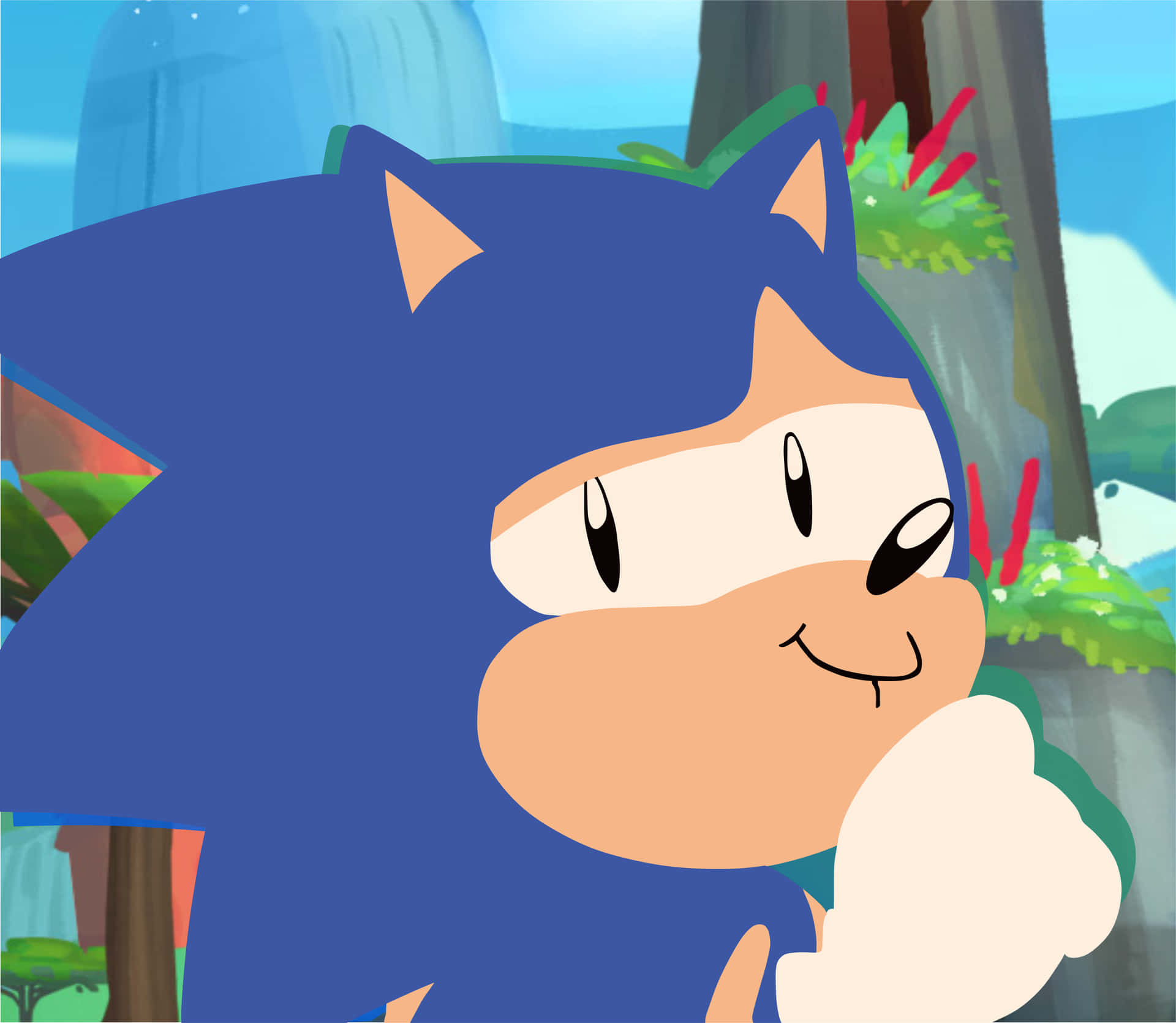 Sonic the Hedgehog 在叢林中微笑，拳頭高舉。
