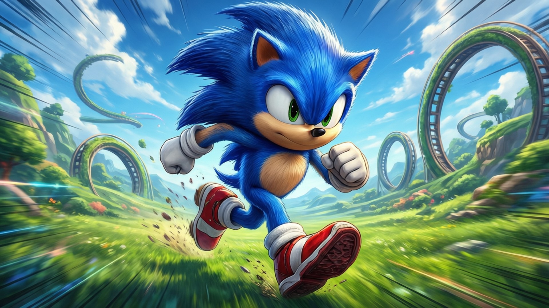 Sonic the Hedgehog 快速跑過色彩繽紛嘅風景，金環喺佢周圍漂浮。
