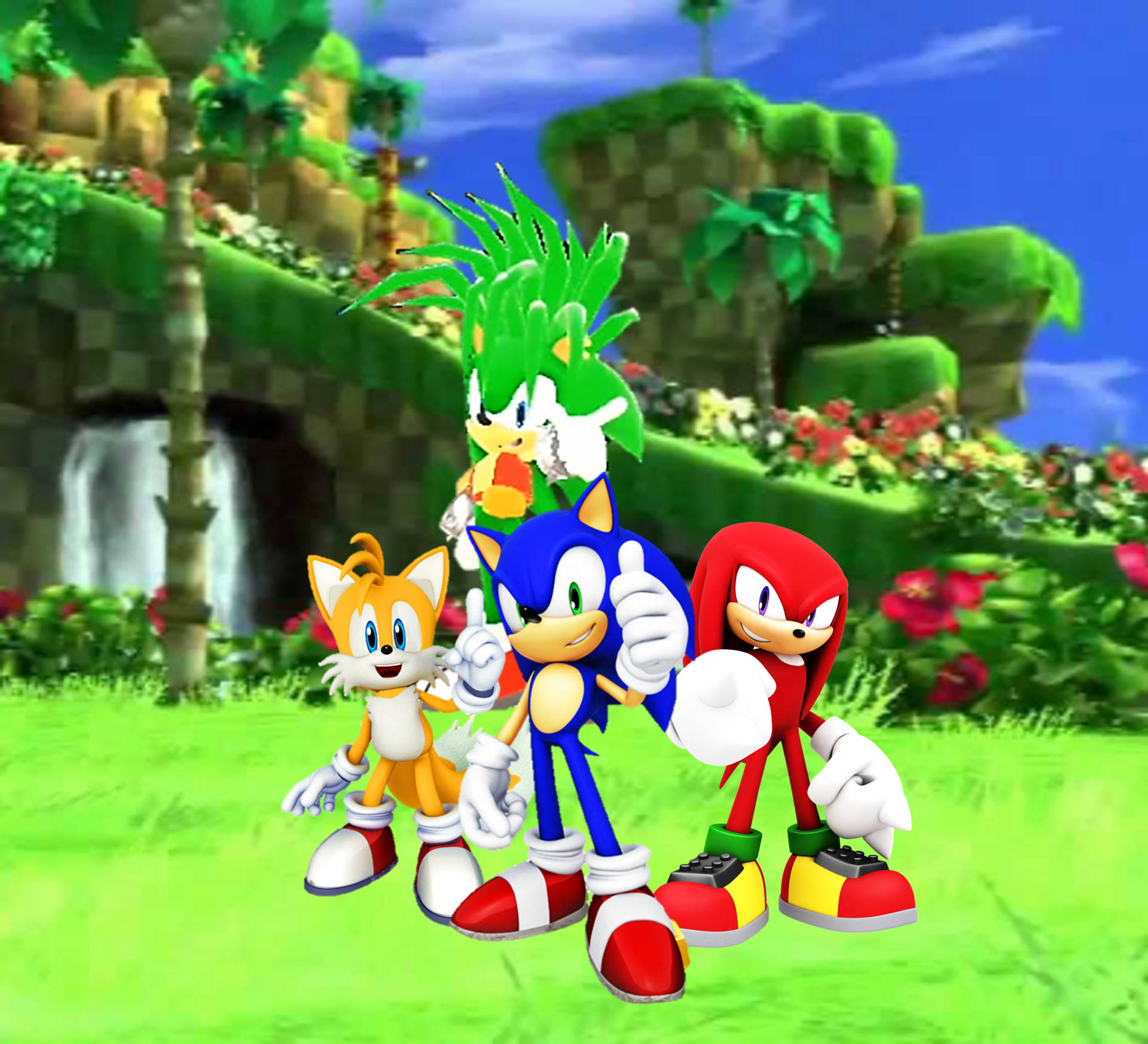 Sonic、Tails、Knuckles 和 Amy 在一個有瀑布和花朵的茂密叢林中擺姿勢。