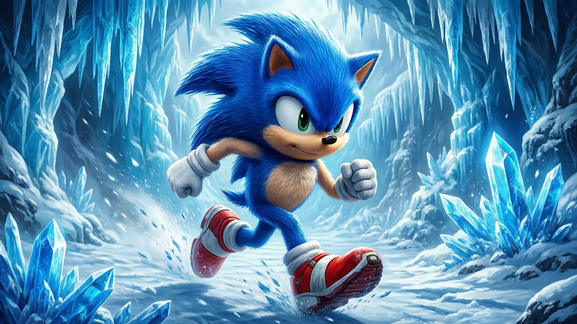 Sonic the Hedgehog 喺有藍色水晶嘅雪冰洞中奔跑。