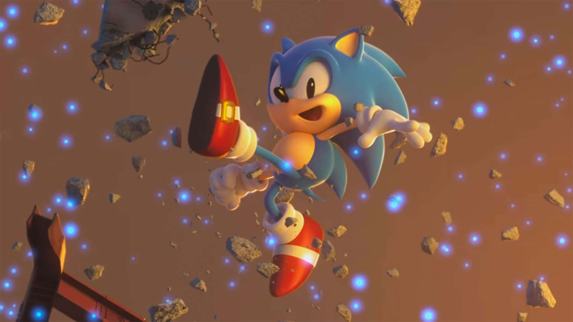 Classic Sonic 桌布 壁紙 — 索尼克穿過一個正在崩塌的環境，伴隨著發光的藍色粒子和飛揚的碎片。