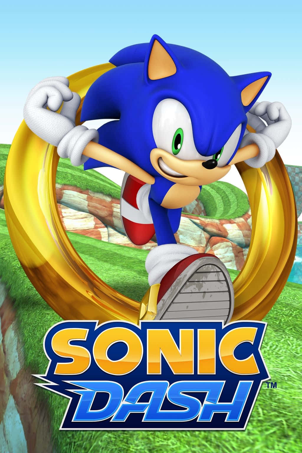 Sonic Dash 桌布 壁紙 — 索尼克穿過一個金色環圈，在晴朗藍天下充滿活力的綠色山坡上奔跑。