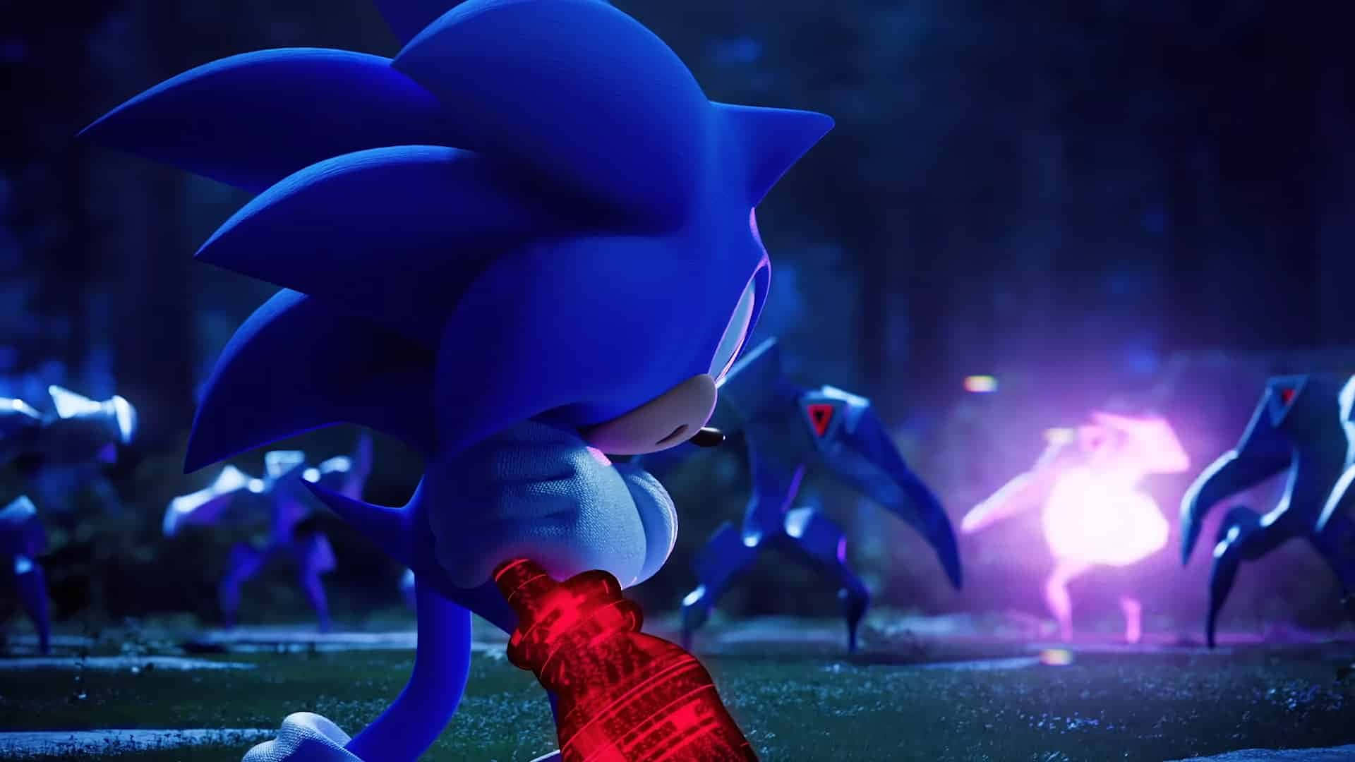 Modern Sonic 桌布 壁紙 — 索尼克站在黑暗的森林中，手持一個發光的紅色瓶子，陰影生物從他背後的霧中出現。