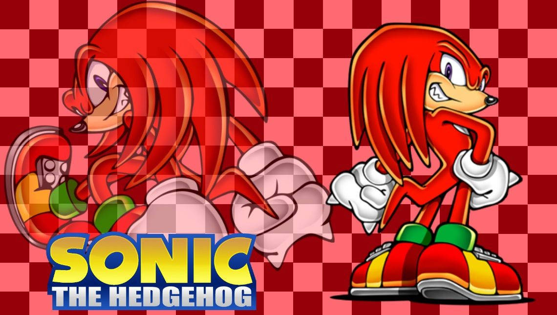 超音鼠遊戲標誌中的 Knuckles 在紅色格仔背景上。