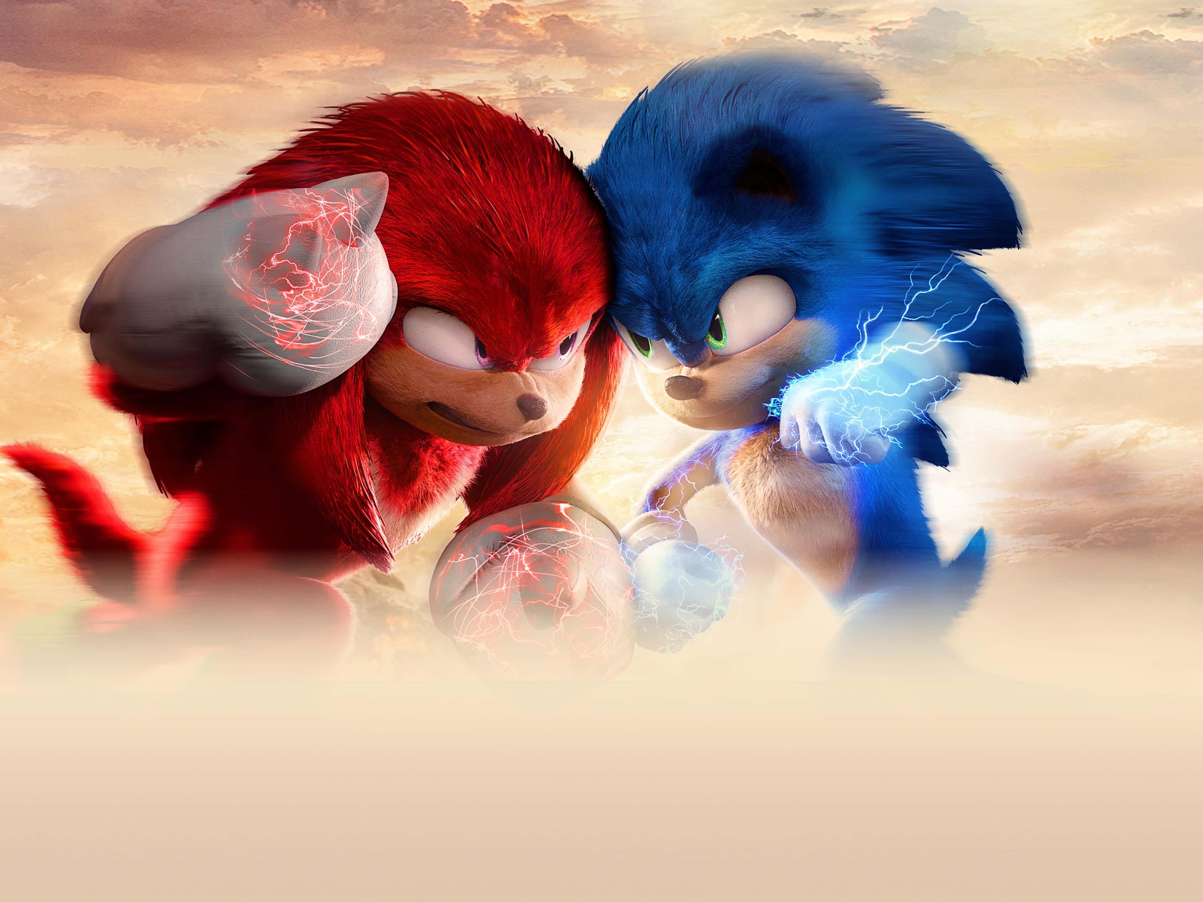 Sonic 與 Knuckles 在多雲的天空下用能量球碰撞。