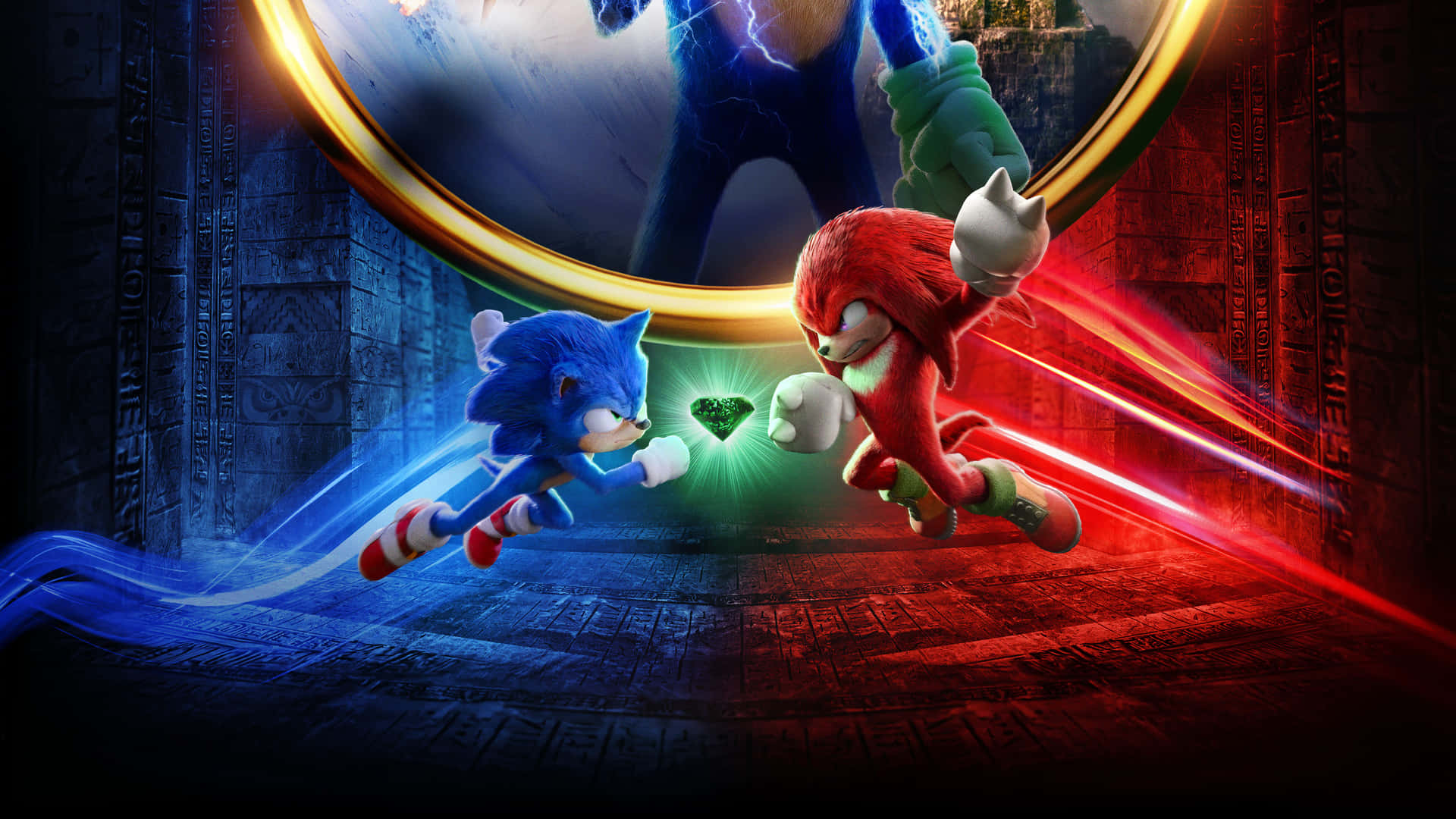 Sonic 和 Knuckles 在寺廟中穿過發光的圓環向相反方向奔跑。