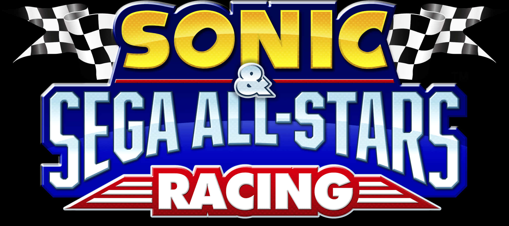 索尼克與世嘉全明星賽車標誌 壁紙 — 為《Sonic & Sega All-Stars Racing》設計的大膽多彩標誌，兩側有方格旗。