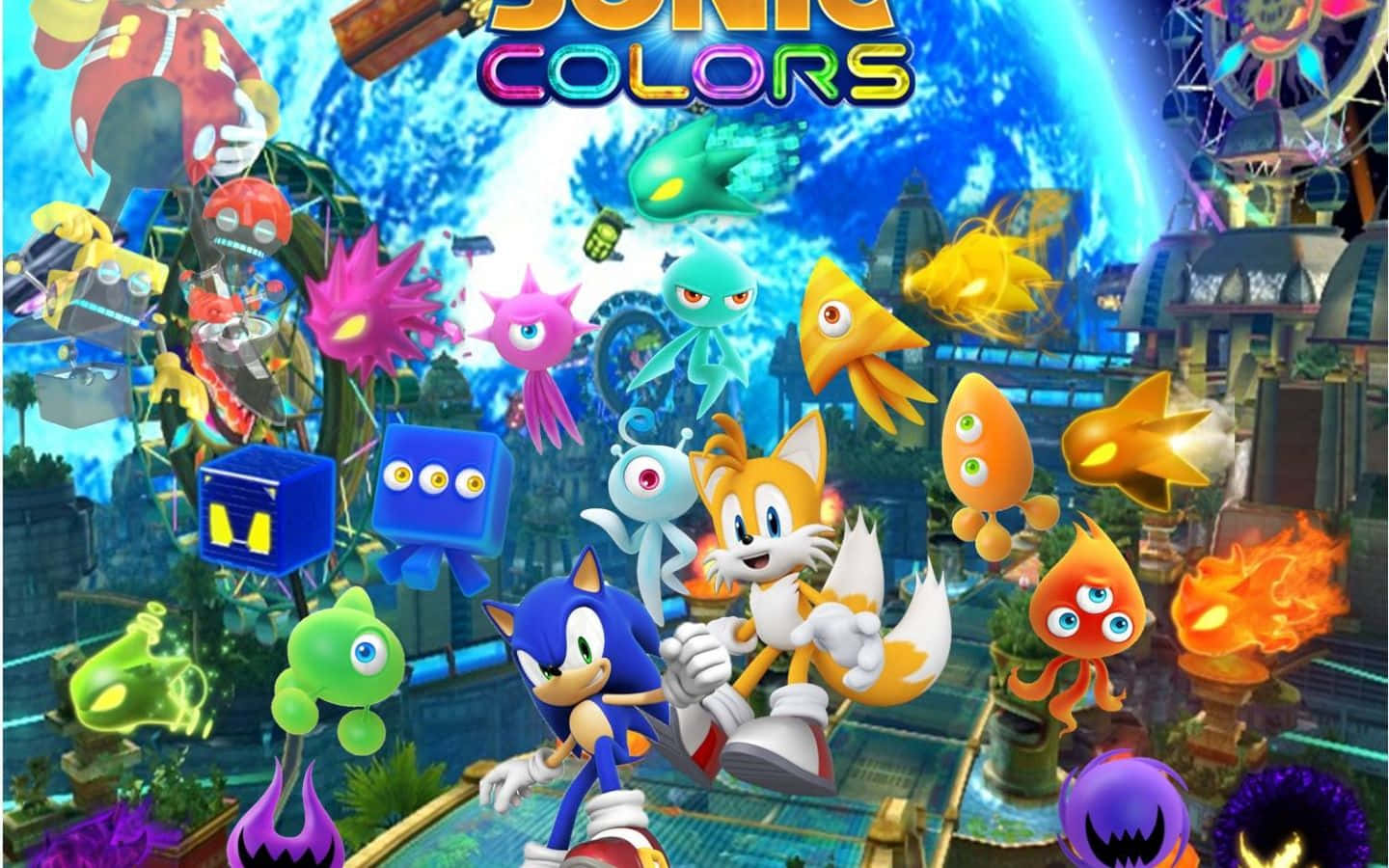 Sonic 和 Tails 在一個有浮動敵人的色彩繽紛未來城市中飛馳。