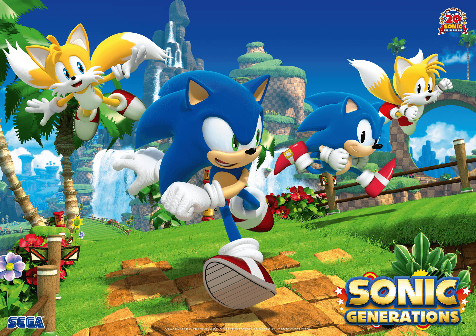 Sonic 和 Tails 在茂密的叢林中穿過瀑布和廢墟。